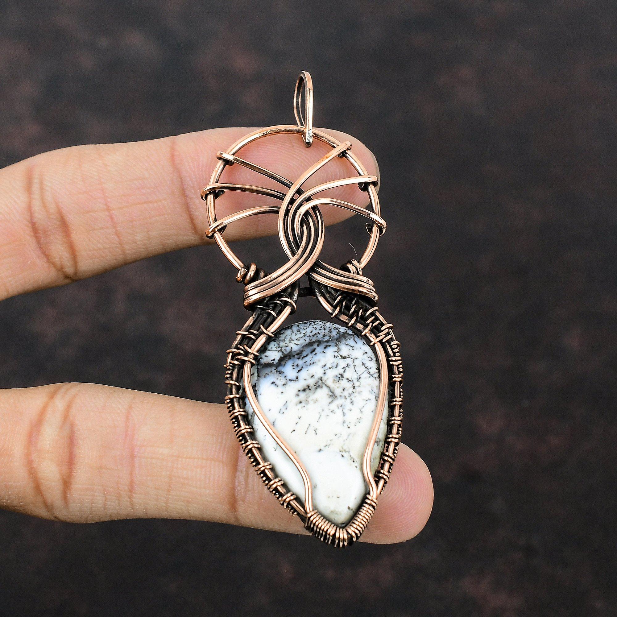 Dendrite Opal Pendant Copper Wire Wrapped Pendant Dainty Gemstone Jewelry Handmade Pendant Copper Wire Wrap Jewelry Unique Pendants For Gift