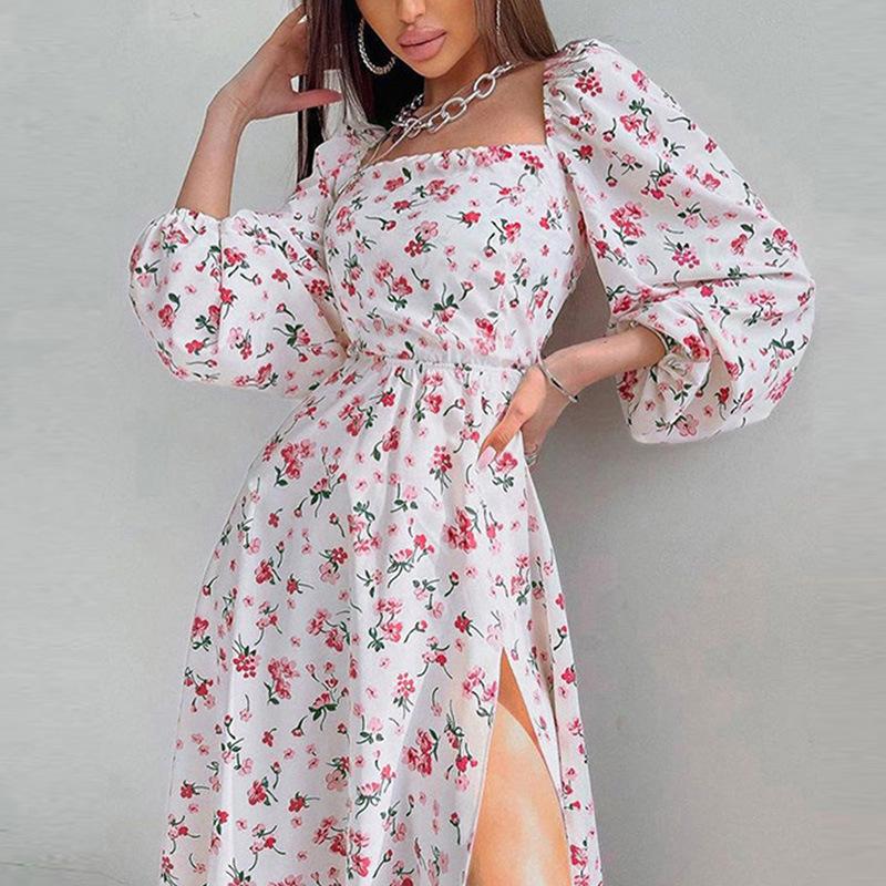 Printed Square Neck A-line Dress Women's Temperament Sexy Backless Slit Tied Dress Spring 2025