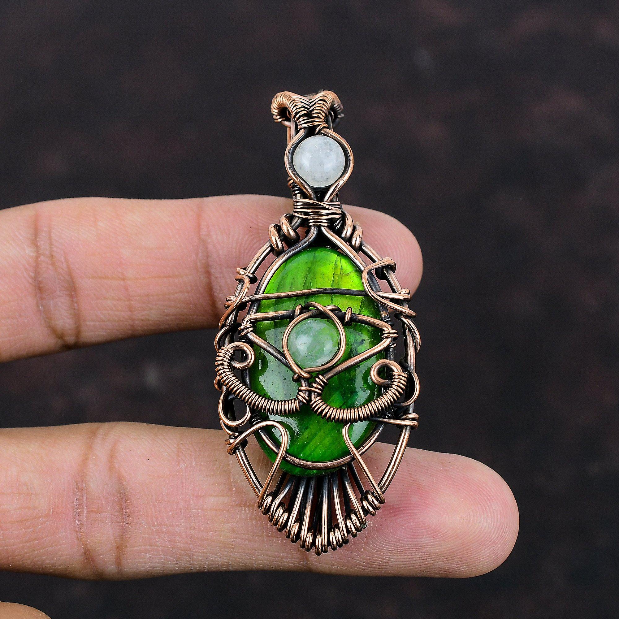 Evil Eye Green Fire Labradorite Pendant Copper Wire Wrapped Pendant Moonstone Pendant Copper Jewelry Handmade Gemstone Pendant Gift For Mom