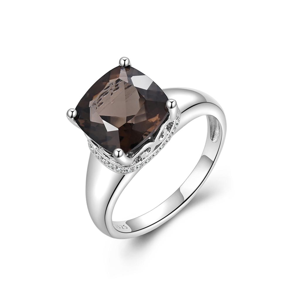 Simple Design Ring with Natural Smoky Quartz Cushion 10mm 925 Sterling Silver Fine Jewelry Women Nice Gift