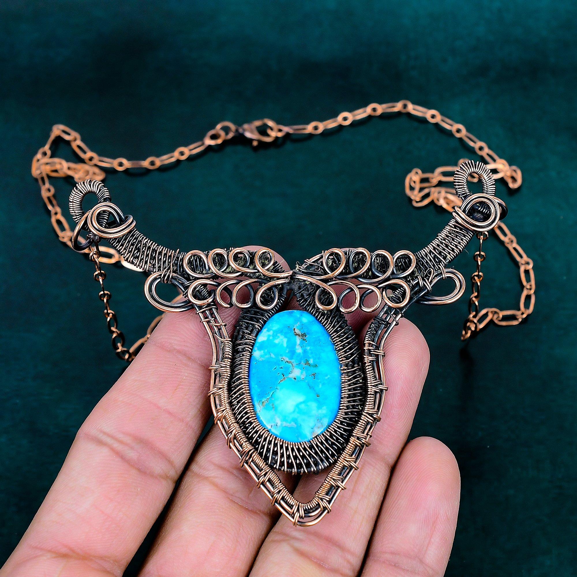 Tibetan Turquoise Necklace Copper Wire Wrapped Jewelry Handmade Adjustable Gemstone Necklace Gift for Her Anniversary Gift Jewelry for Women