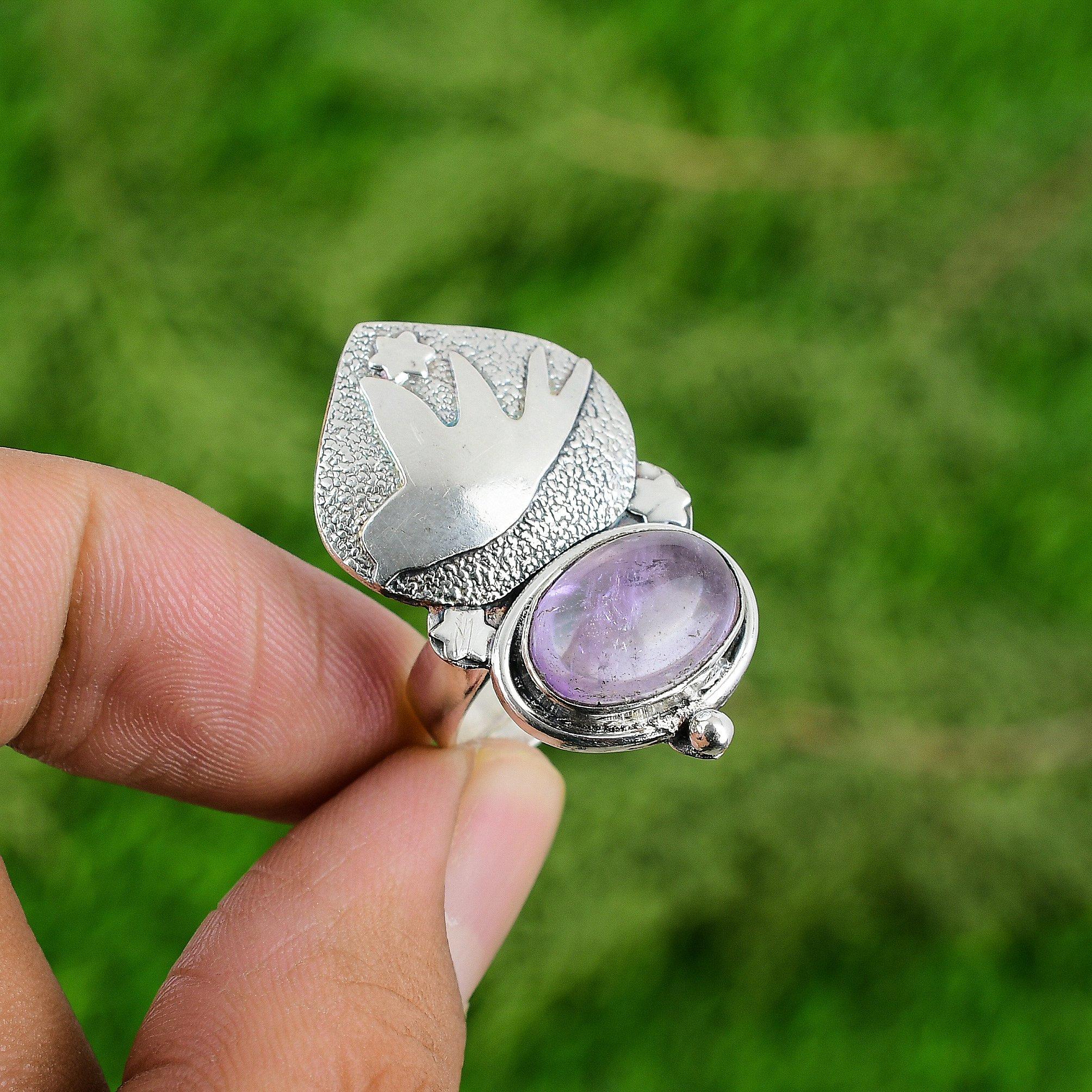 Oval African Amethyst Gemstone Solitaire Statement Mother Ring Sterling Silver