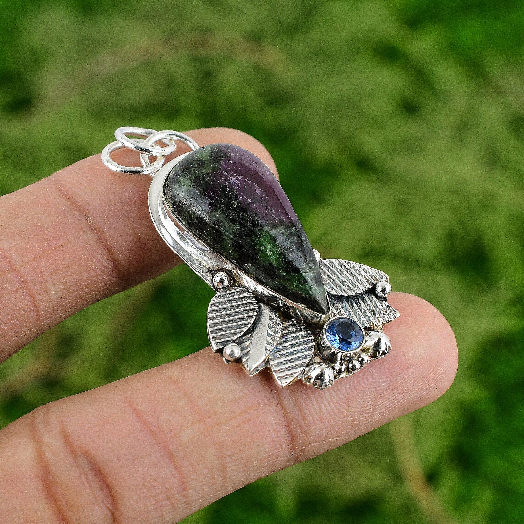 Sterling Silver Pear Ruby Zoisite Stone Tanzanite Quartz Sister Trendy Pendant