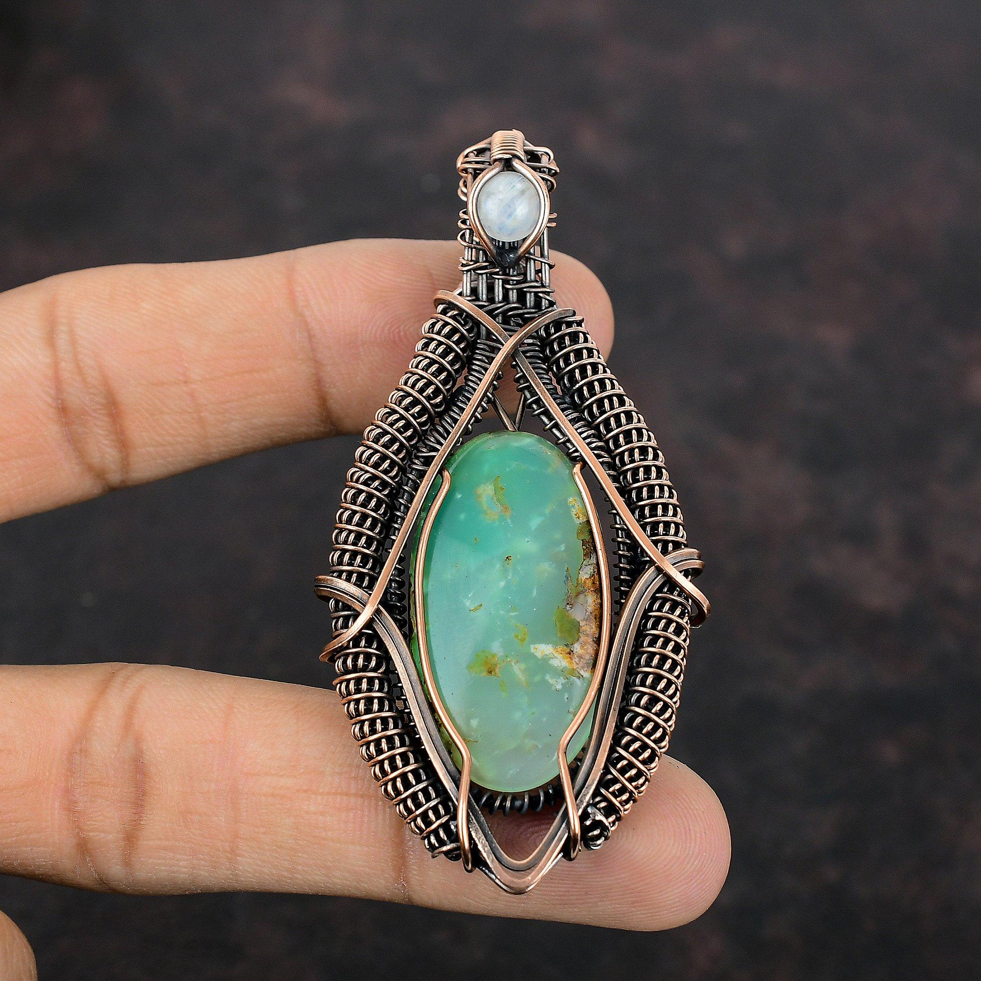 Chrysoprase Copper Pendant Wire Wrapped Gemstone Pendant Copper Wire Jewelry Rainbow Moonstone Pendant Gift For Her Handmade Amazing Pendant