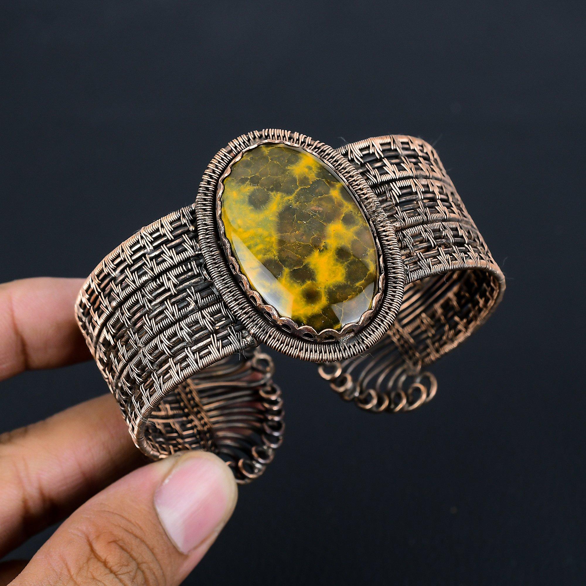 Ozean-Jaspis-Edelstein, reiner Kupferdraht, umwickelt, handgefertigter Manschetten-/Armreif-Schmuck, verstellbar für Sie