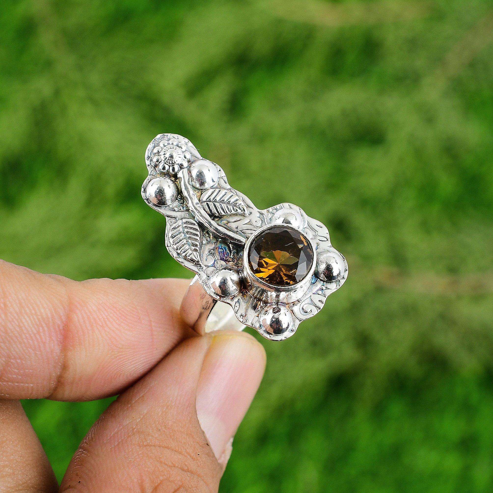 Mothers day Deal 925 Sterling Silver Citrine Stone Solitaire Flower Ring Jewelry