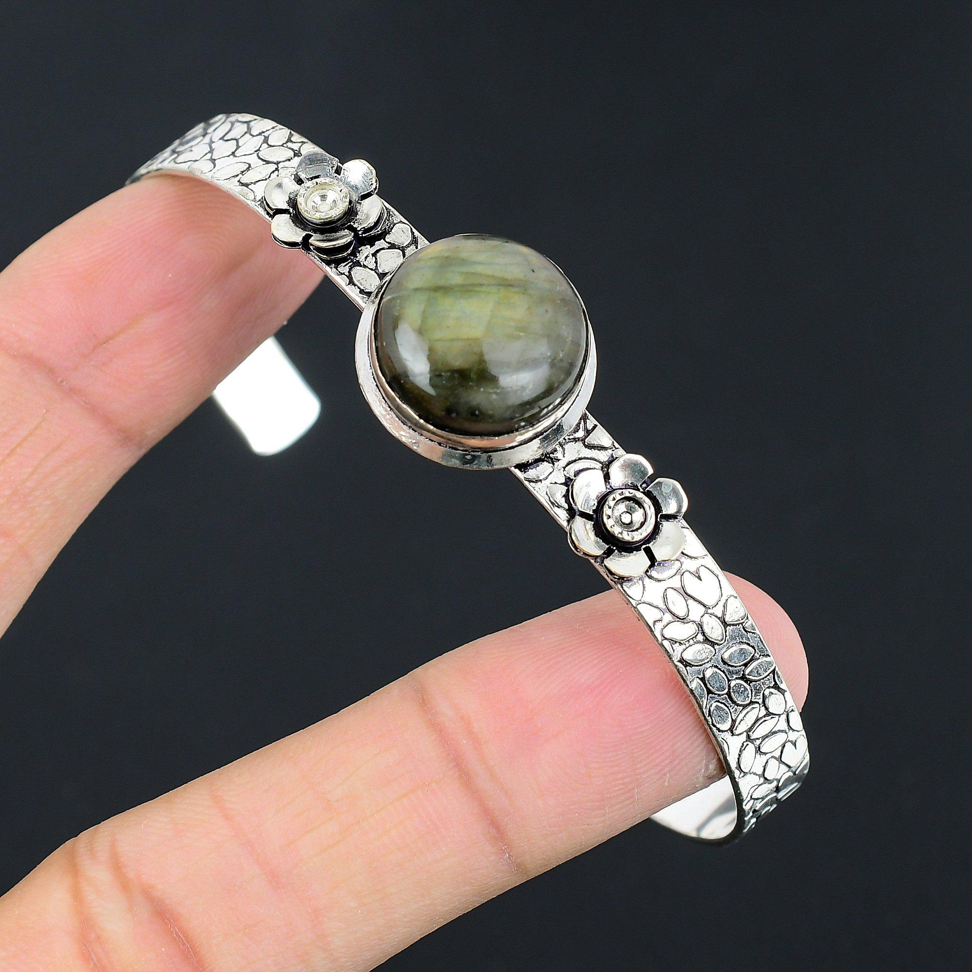 Natural Labradorite Flower Wife Anniversary Boho New Bangle Bracelet 925 Silver