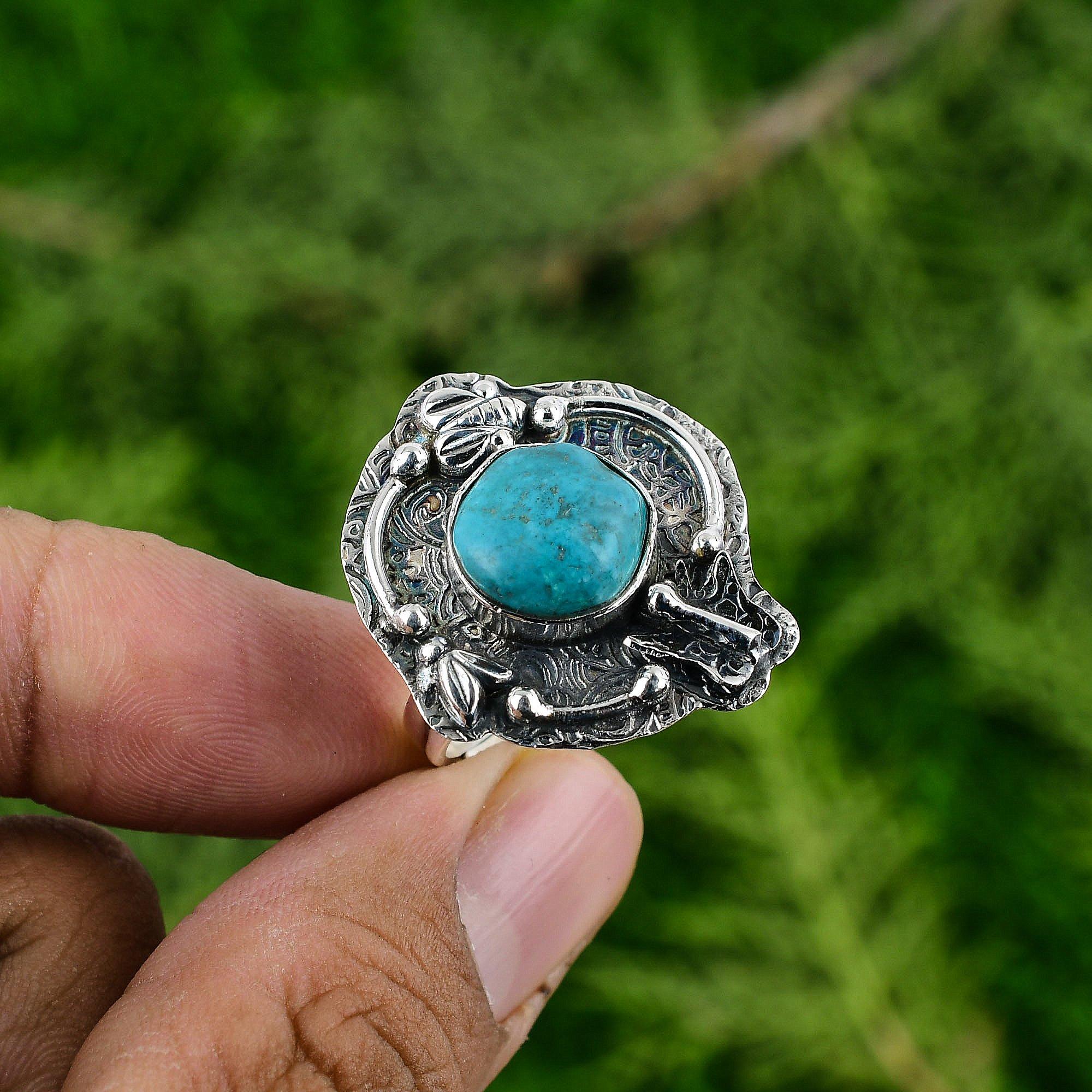 Round Tibetan Turquoise Stone 925 Silver Sister Bezel Promise Throat Chakra Ring
