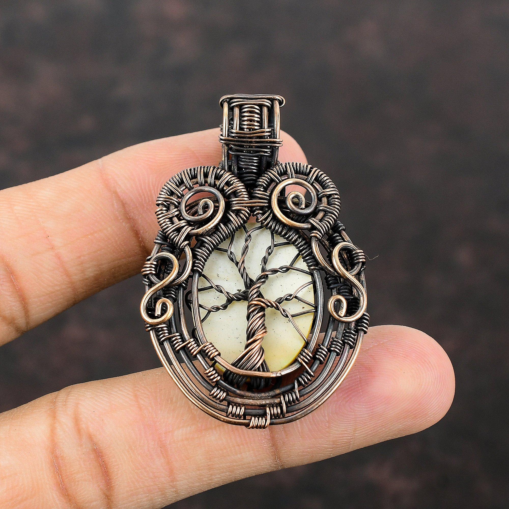 Tree Of Life Mother Of Pearl Pendant Copper Wire Wrapped Pendant Handmade Pendant Gemstone Jewelry Designer Pendant Copper Wire Wrap Jewelry