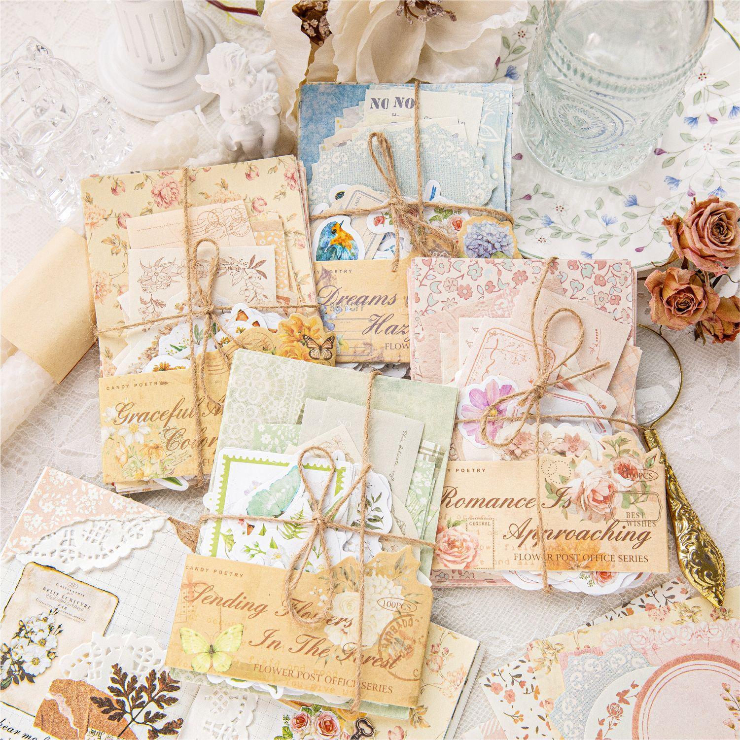 100pcs/set Mixed Material Pack Flower Series Hollow Lace Handbook Border Primer Paper DIY Decorative Sticker Notes Scrapbook