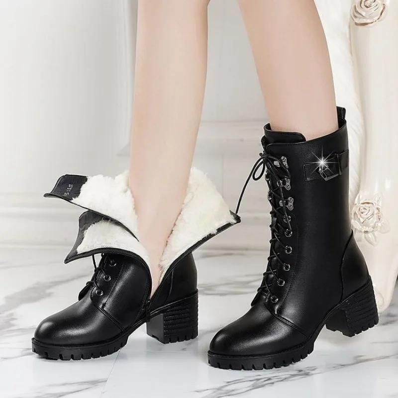 High Quality Black Women's Boots New Warm Cold Winter Ladies Leather Boots Anti-slip Wear-resistant Short Boots