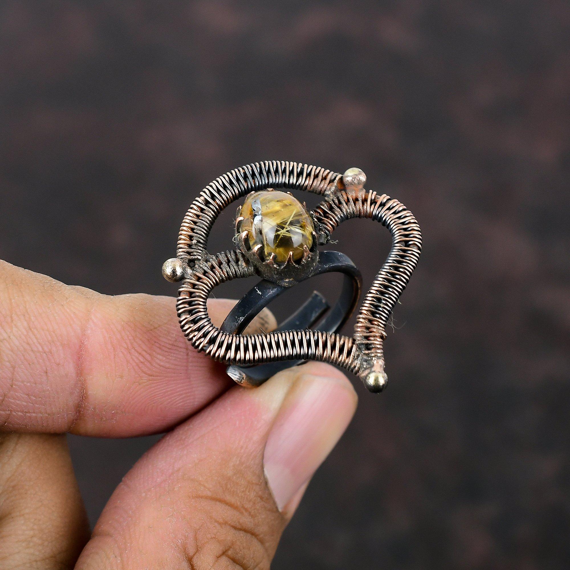 Golden Rutile Ring Copper Wire Wrapped Ring Adjustable Ring Handmade Jewelry Ring For Him Gemstone Rings Copper Wire Jewelry Engagement Gift