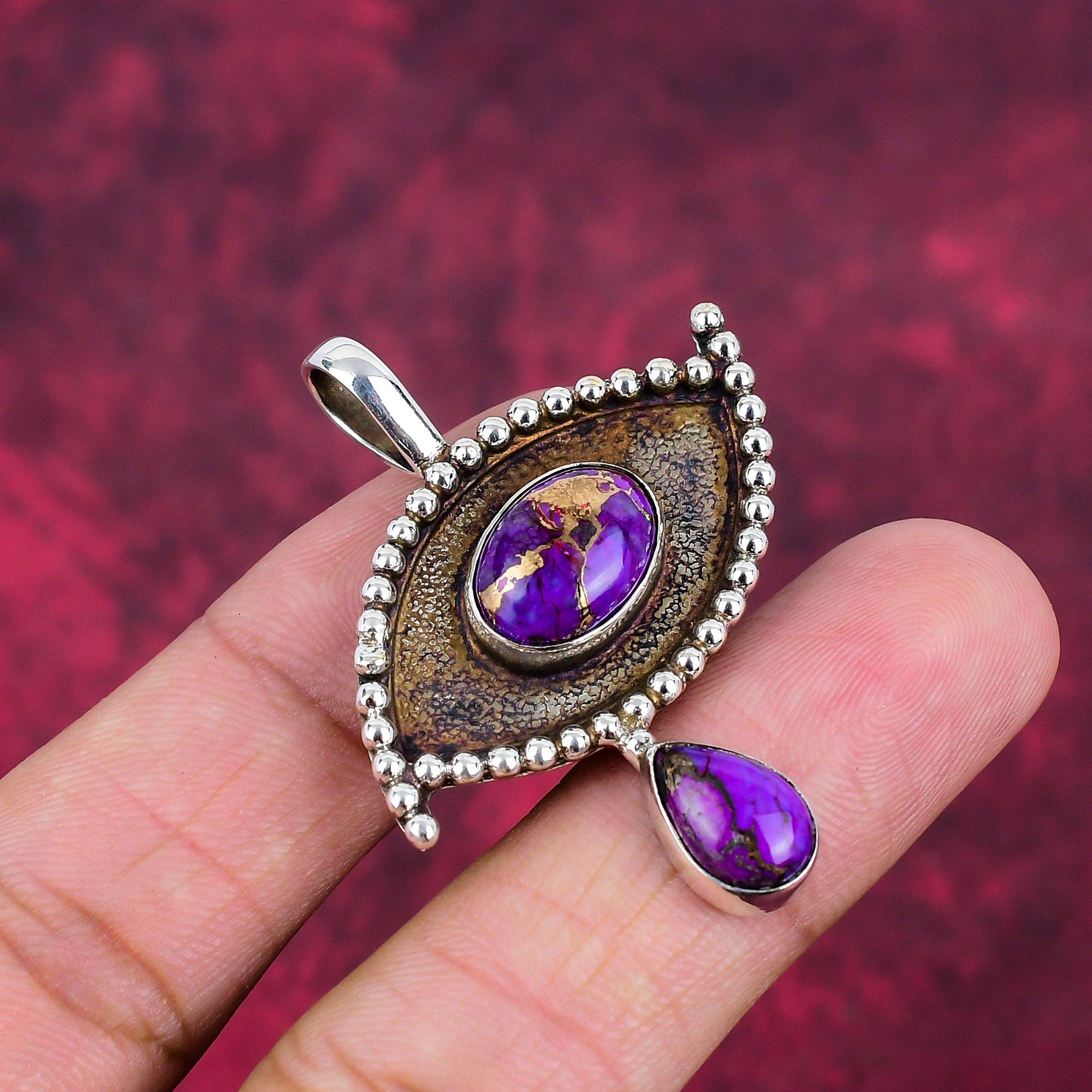 Purple Copper Turquoise Pendant, 925 Solid Sterling Silver Jewelry, Gemstone Pendant, Gift For Her Handmade Dainty Jewelry