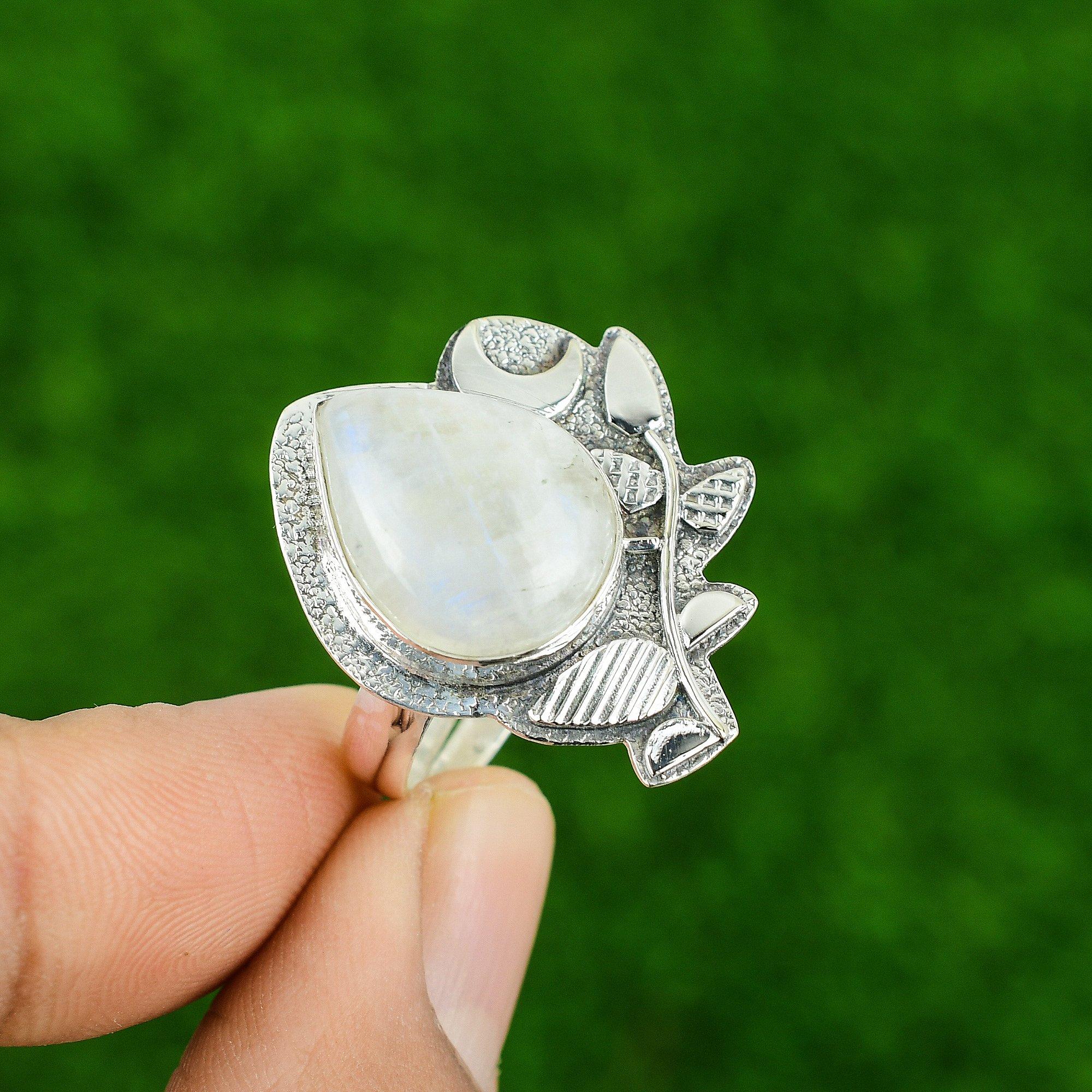 925 Silver Crown Chakra Rainbow Moonstone Stone Daughter Statement Ring Jewelry