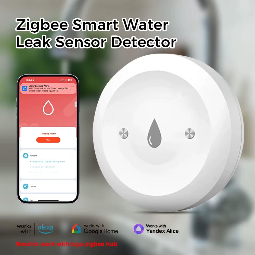 Tuya ZigBee Smart Water Leak Sensor Flood Detector Waterproof Overflow Alarm with Real Time APP Remote Monitor for Kitchen Bathroom Smart Life Gateway