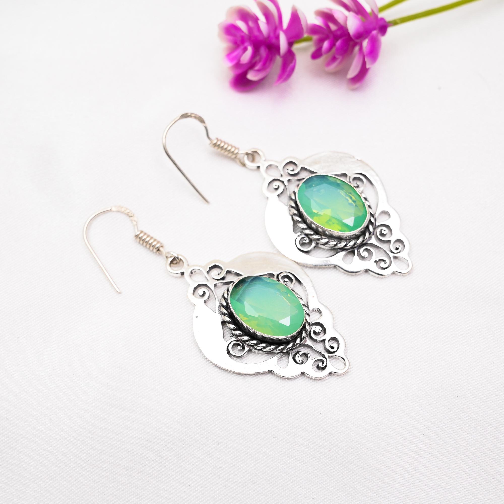 Green Opal Earrings Gemstone Jewelry, 925 Solid Sterling Silver Earrings, Handmade Jewelry Birthstone Earrings, Gift For Him