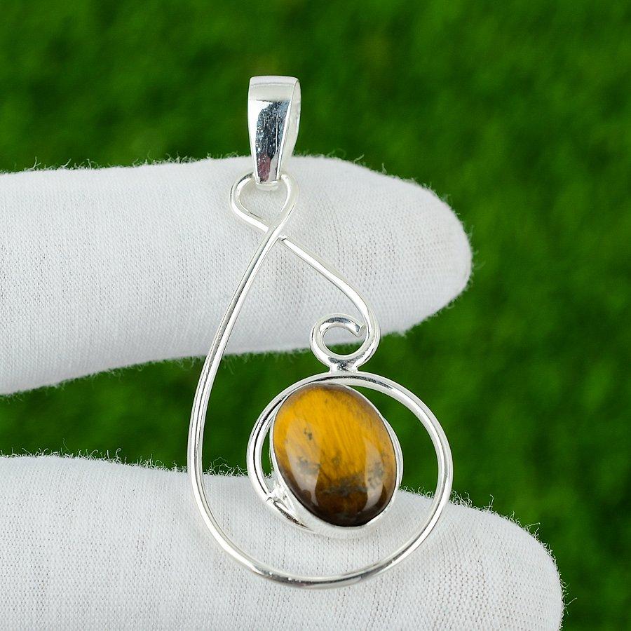 Wedding Gift For Her 925 Sterling Silver Natural Tiger Eye Gemstone Pendant