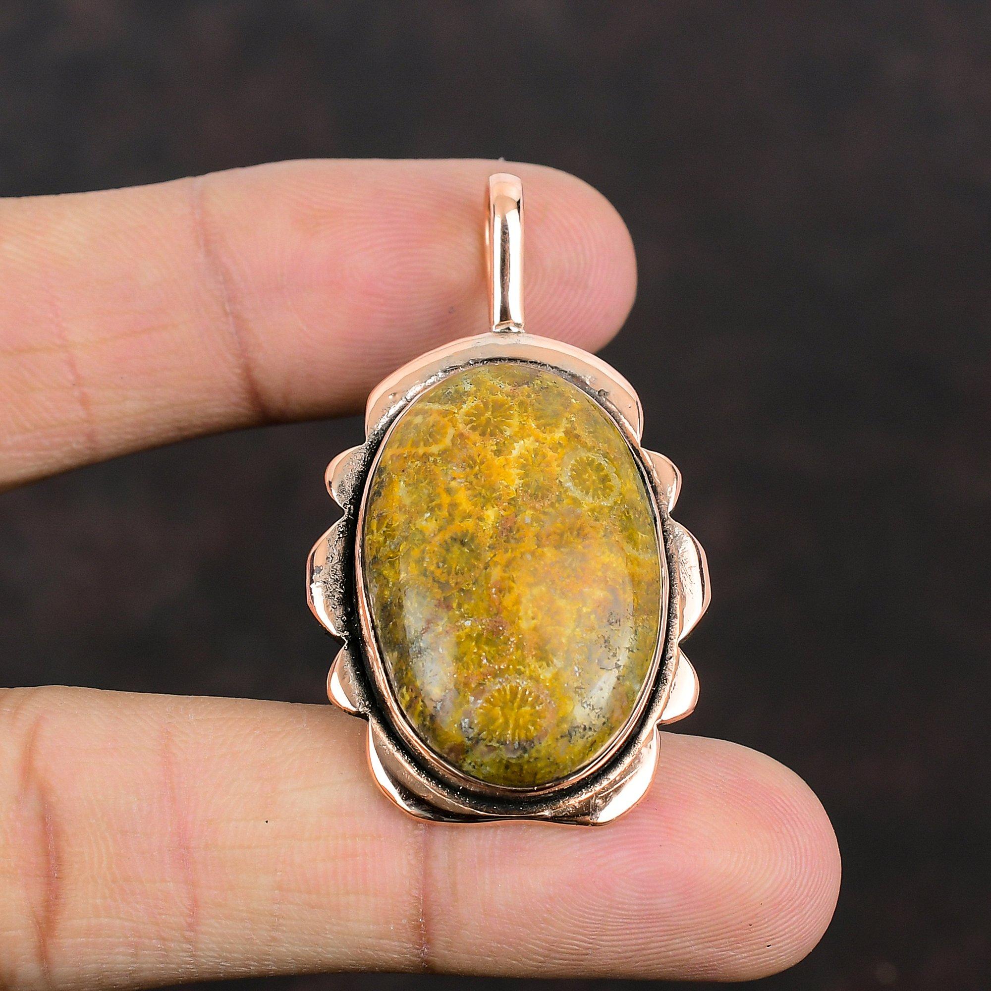 Fossil Coral Pendant Copper Pendant Handmade Pendant Antique Copper Jewelry Unique Pendant Fossil Coral Gemstone Jewelry Anniversary Gifts