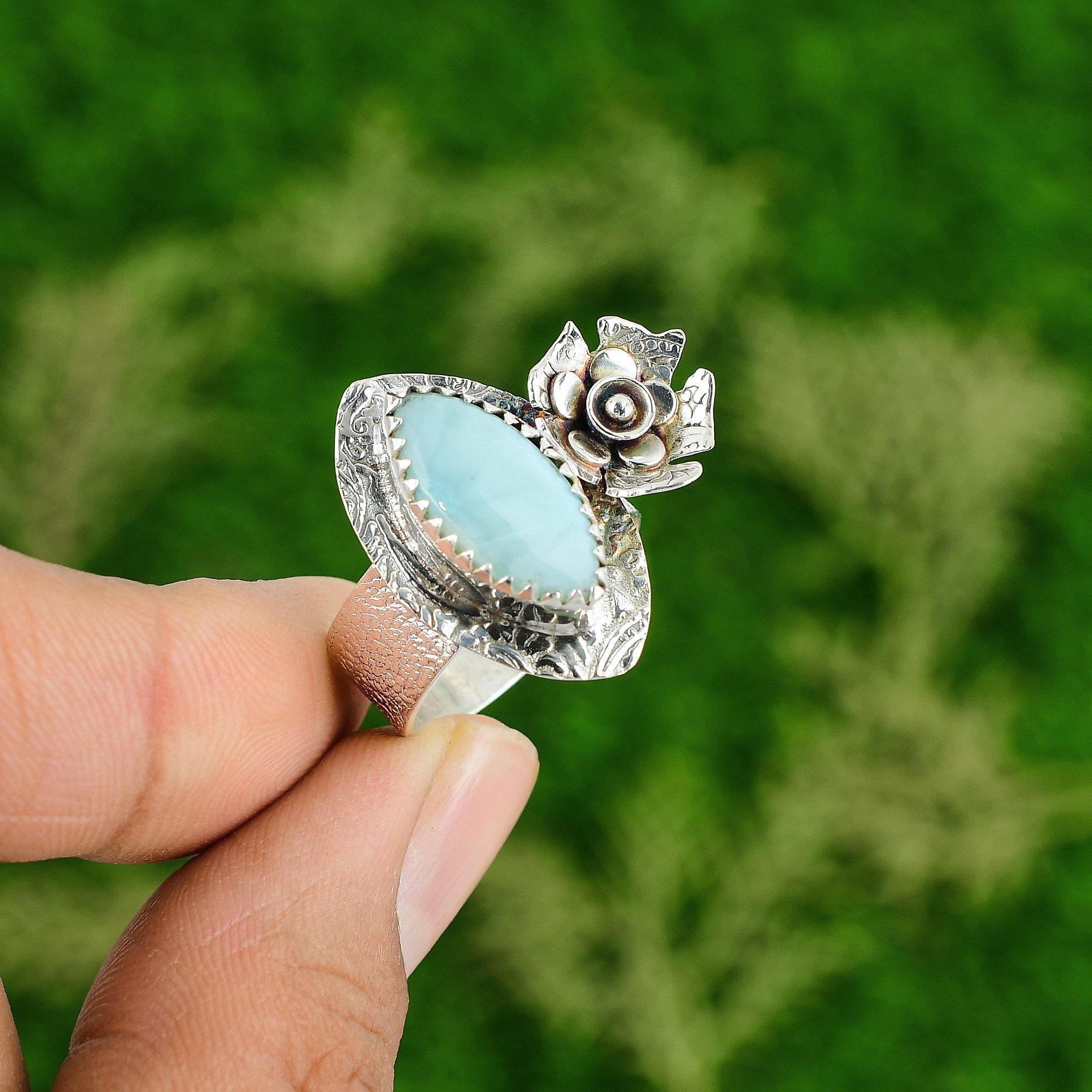 Natural Larimar Gemstone Multi Stone Flower Blue Ring Size 9 925 Sterling Silver