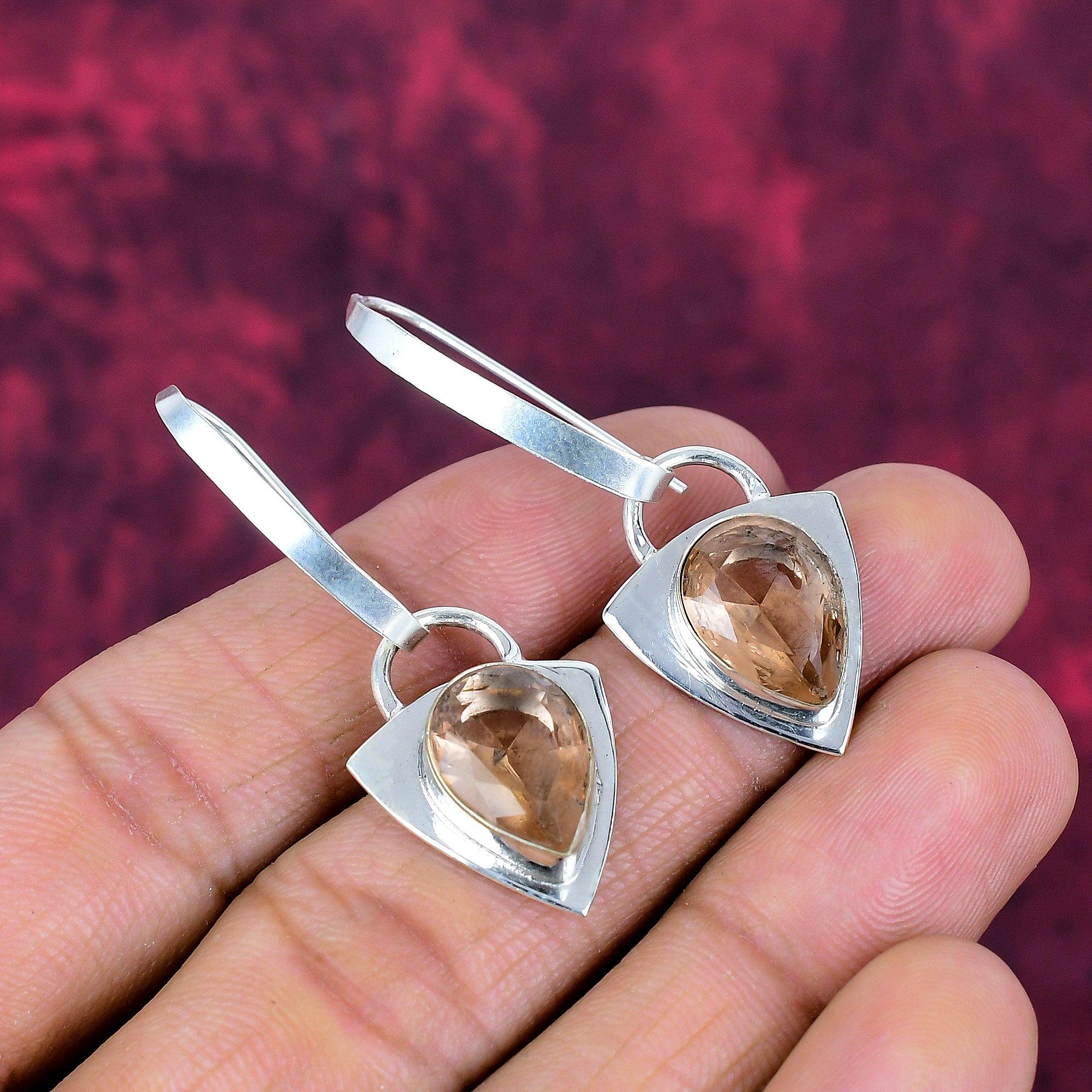 Morganite Earrings, Handmade Gemstone 925 Solid Sterling Silver Earrings Antique Jewelry, For Engagement Gift