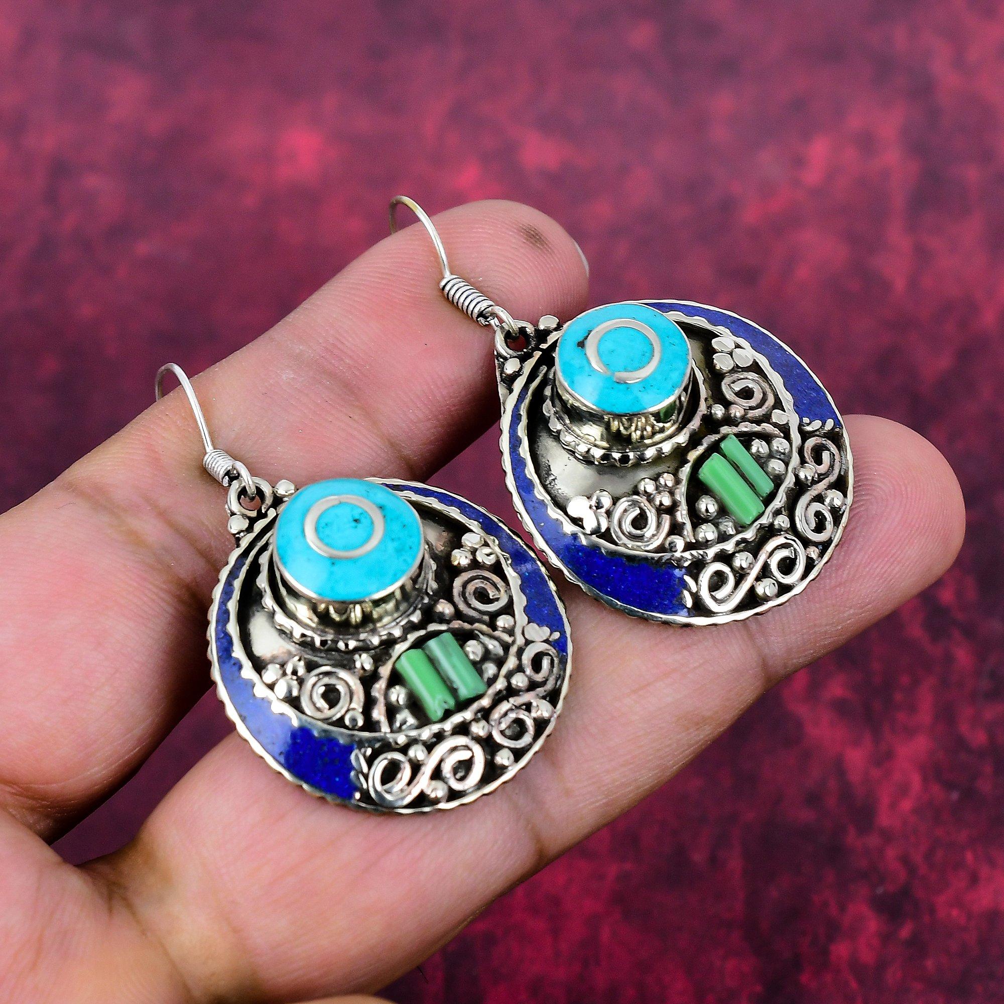 Lapis Lazuli & Turquoise 925 Solid Sterling Silver Earrings, Handmade Gemstone Nepali Earrings Jewelry, Gifts For Wife Brand New Earrings