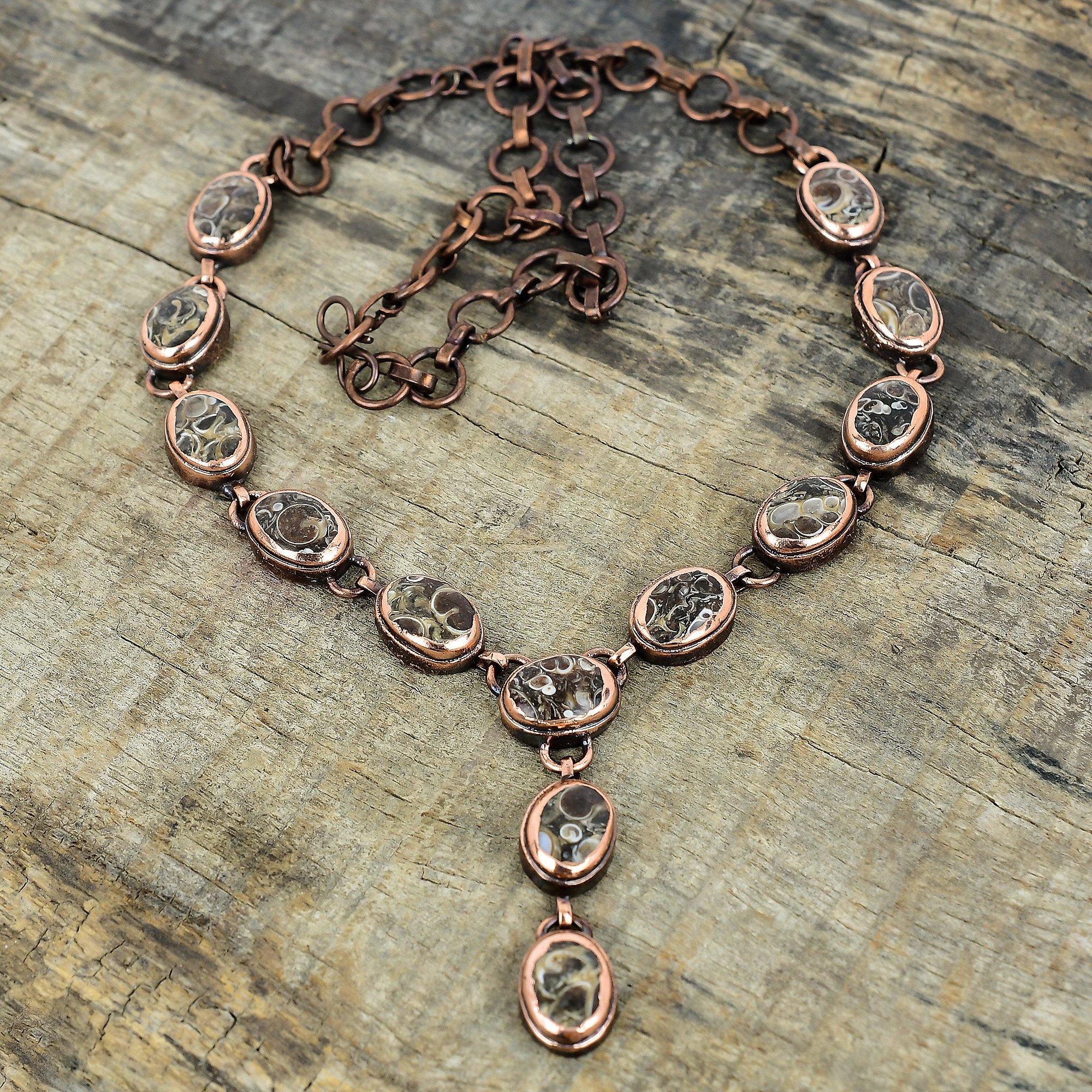 Turritella Agate Necklace Electroformed Copper Necklace Adjustable Chain Necklace Copper Gemstone Jewelry Handmade Necklace Engagement Gifts