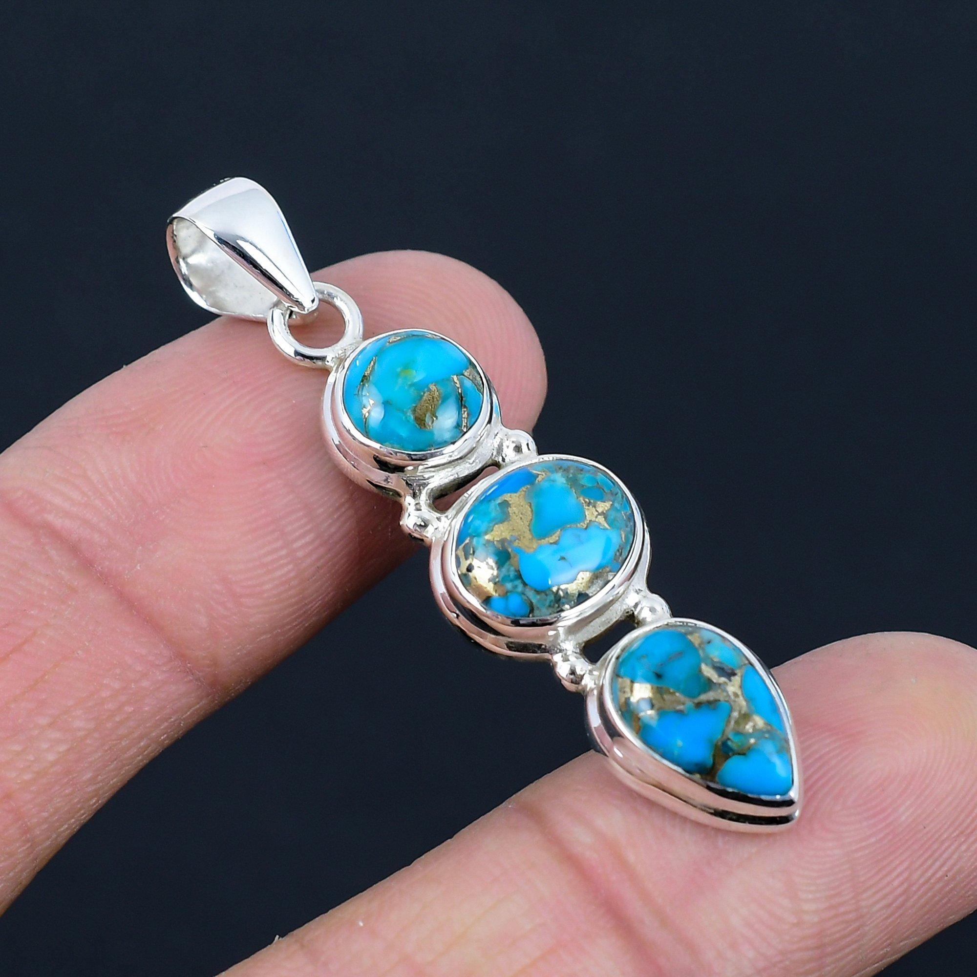 Natürlicher blauer Kupfer-Türkis-Edelstein, 925 Sterling Silber, Drei-Stein-Anhänger, handgefertigter Anhänger, Schmuckgeschenk zum Valentinstag