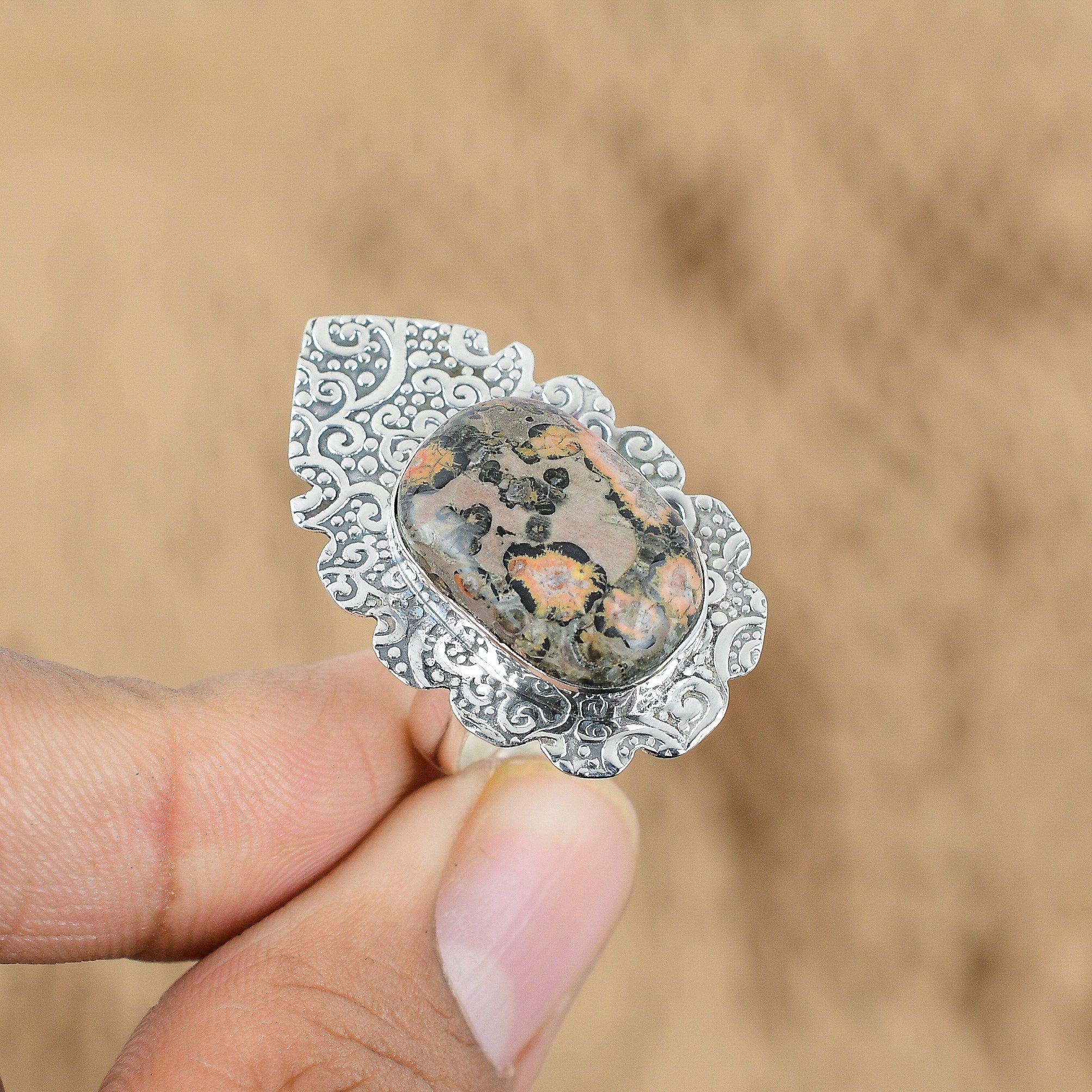 Gift For Her 925 Silver Natural Leopardskin Jasper Promise Adjustable Ring