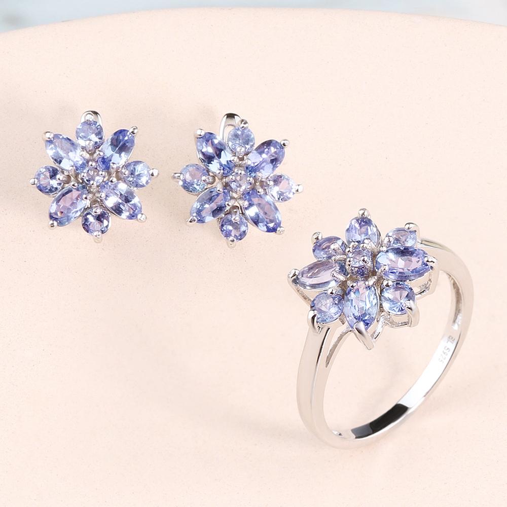 Ensemble de bijoux en argent sterling 925 avec boucles d'oreilles et bague en tanzanite bleue naturelle, bijoux fins, cadeau pour femme