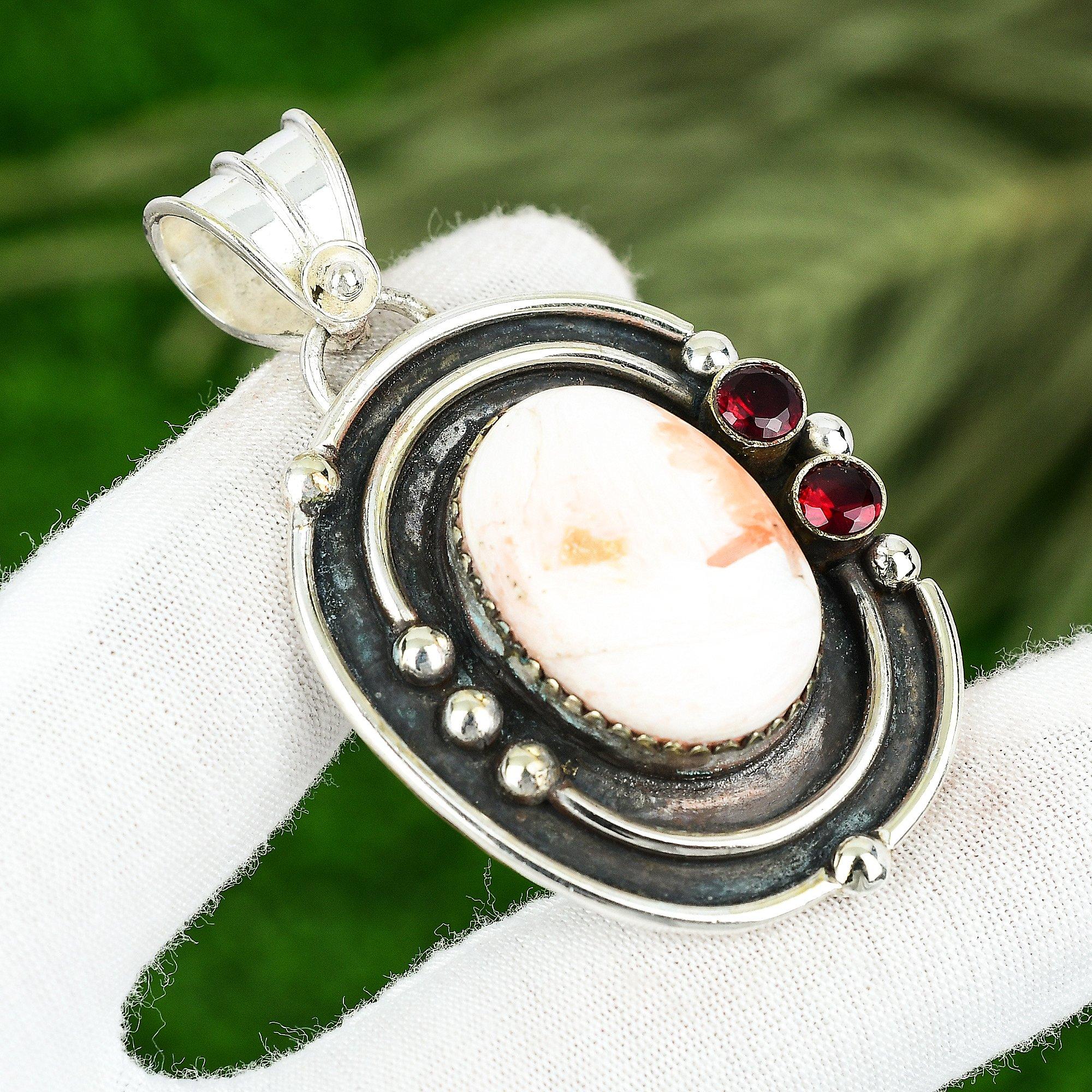 Oval Scolecite Gemstone Mozambique Garnet Sterling Silver Bezel Pendant Jewelry