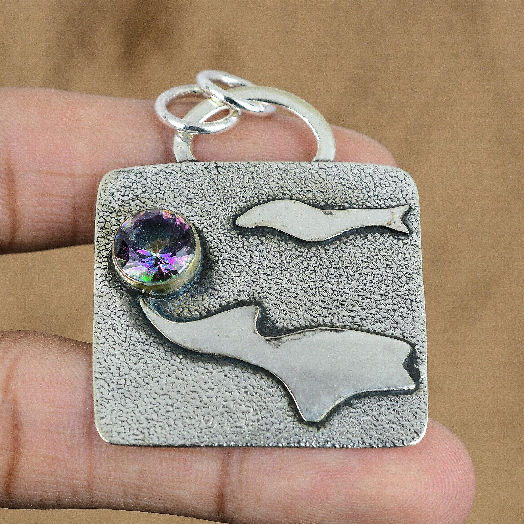 Round Rainbow Mystic Topaz Stone Handcrafted Wedding Pendant Jewelry 925 Silver
