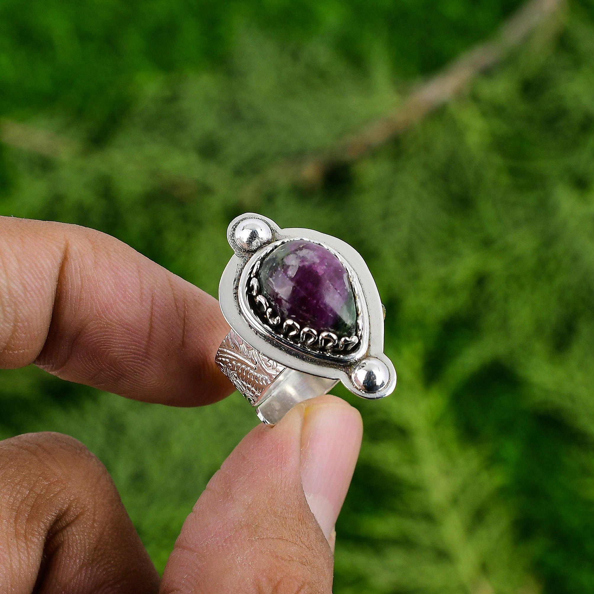 Gift For Women Solitaire Adjustable Ring 925 Silver Natural Ruby Zoisite