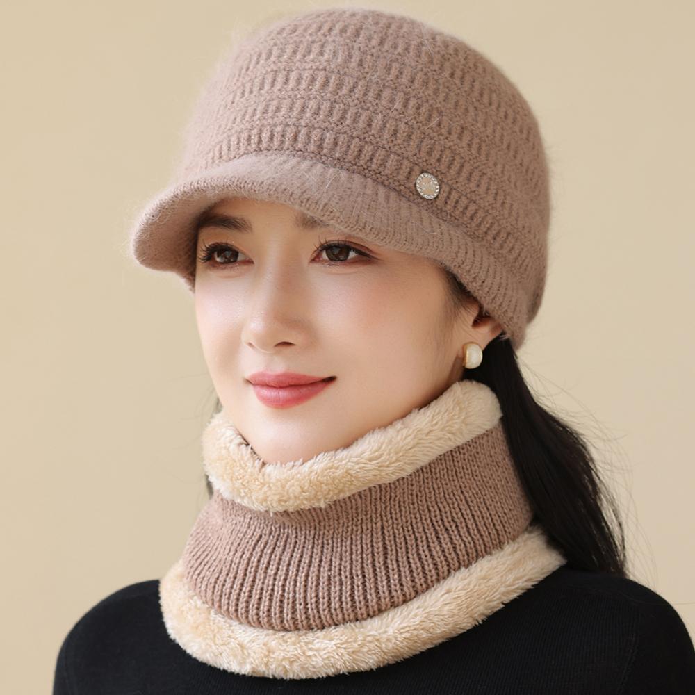 New Women Winter Hat Fashion Warm Set Plush Fur Lined Warm Hats For Female Casual Rabbit Fur Winter Outdoor Knitted Cap Suit