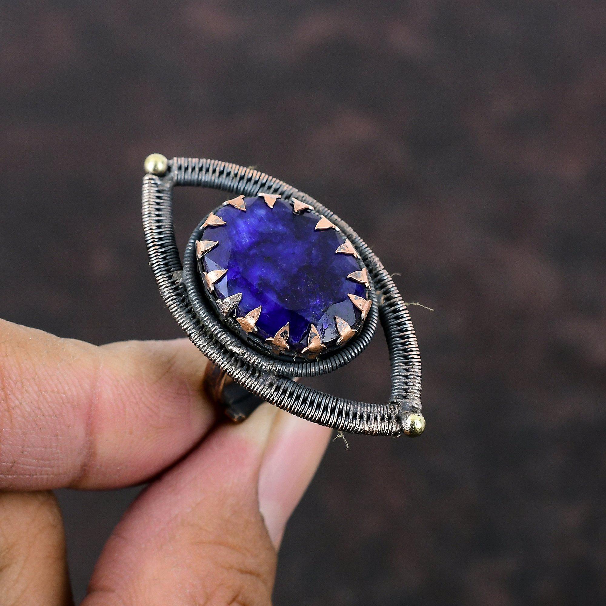 Faceted Blue Sapphire Ring Copper Wire Wrapped Ring Adjustable Ring Copper Gemstone Jewelry Handmade Ring Wire Wrap Jewelry Anniversary Gift