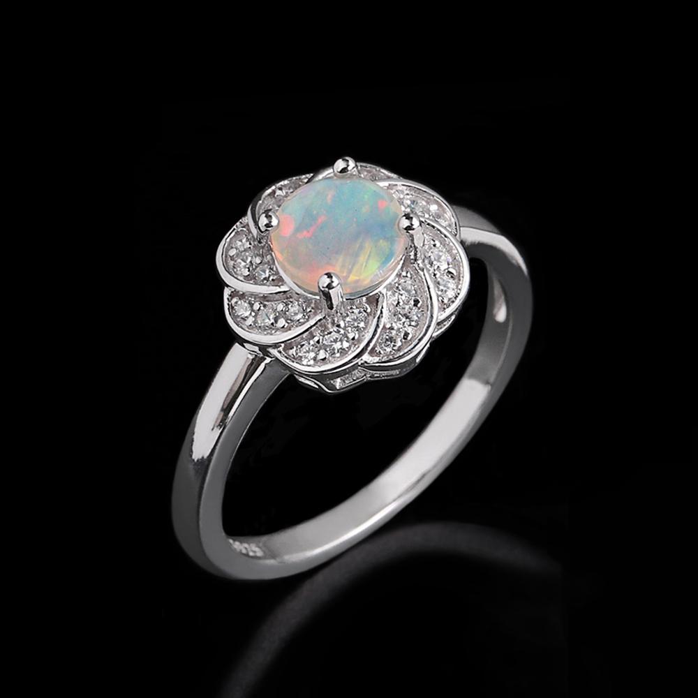 Elegant Flower Shape Design Clasp Rings Natural Round 6.0mm Opal 925 Sterling Silver Fine Jewelry for Women's Anniversary Gifts