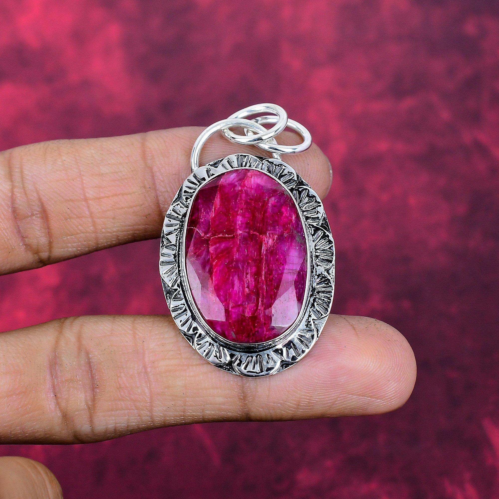 Lab Created Ruby Pendant Gemstone Jewelry, 925 Solid Sterling Silver Handmade Pendant, Latest Design Jewelry