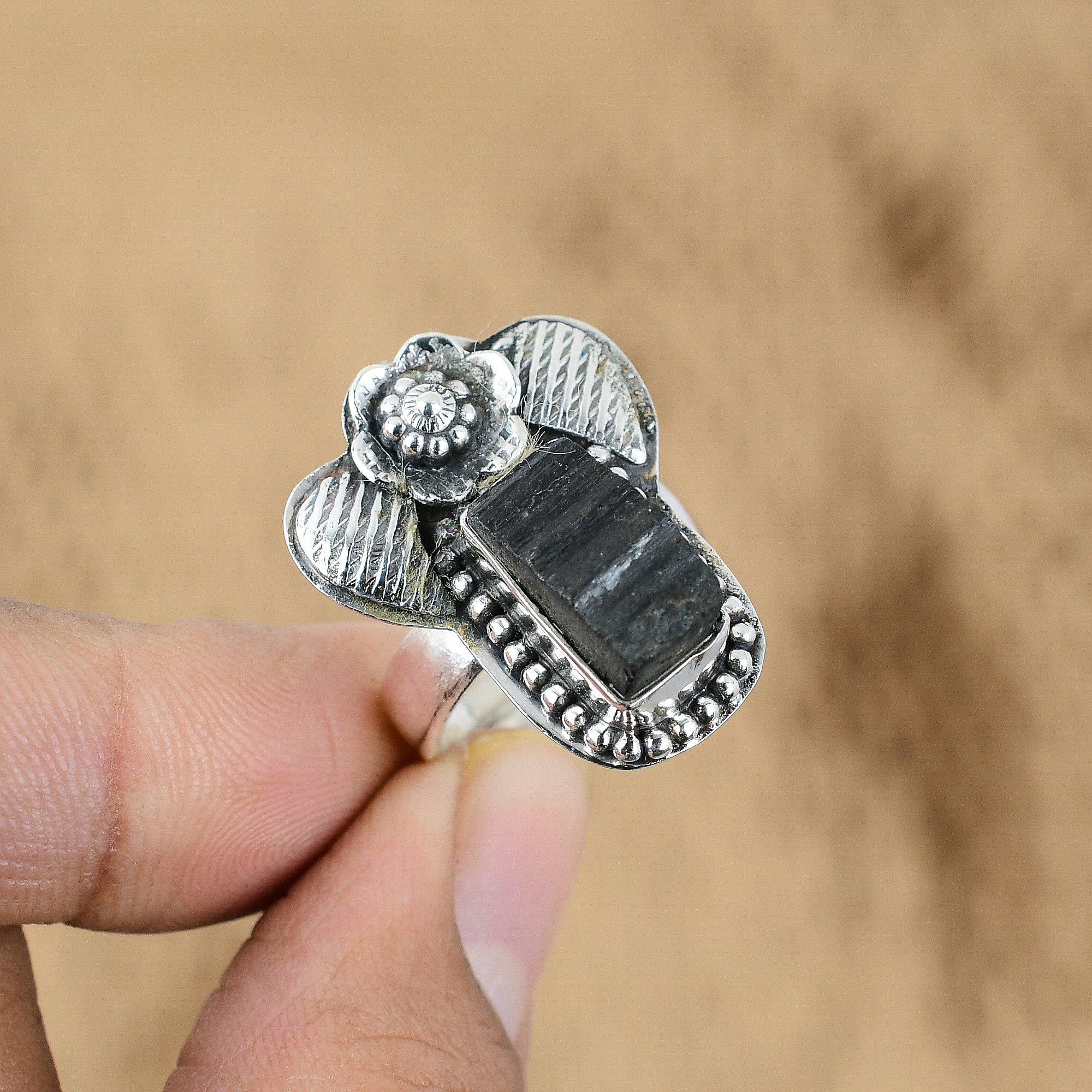Sterling Silver Black Tourmaline Rough Stone Birthday Promise Flower Trendy Ring
