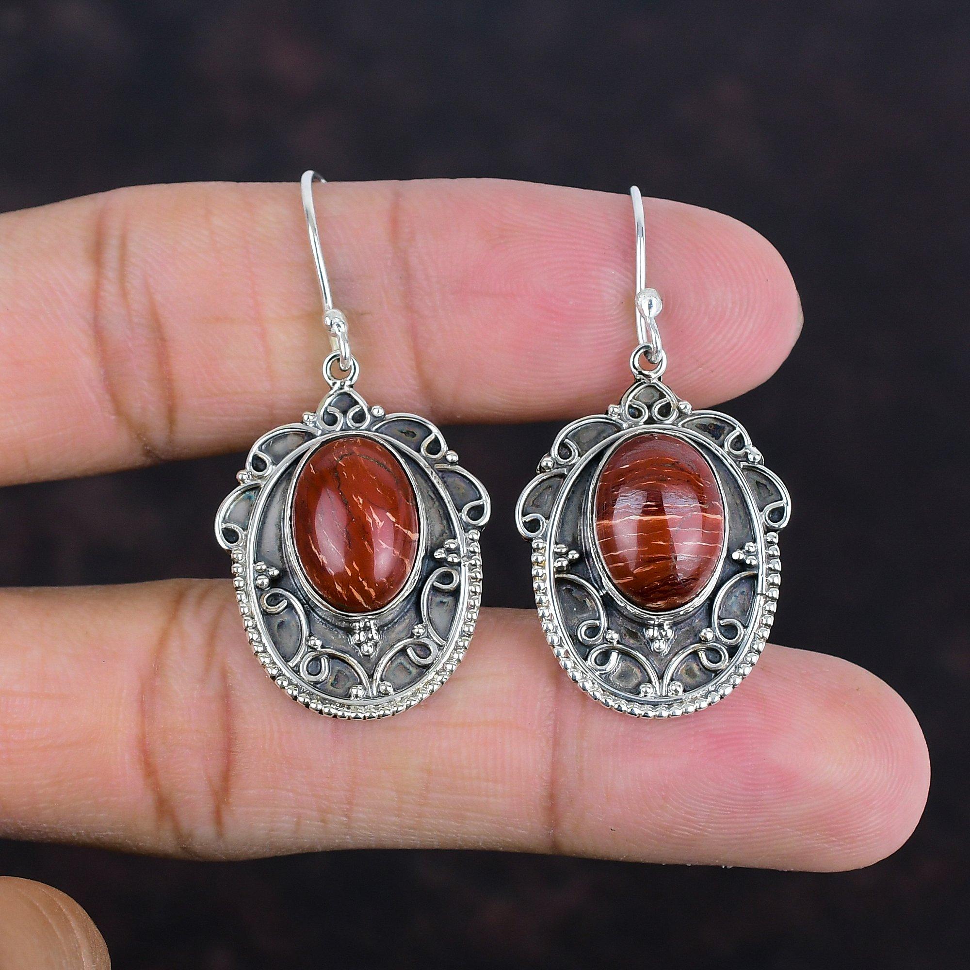 Red Snakeskin Jasper Earrings Genuine Gemstone Earring 925 Sterling Silver Earring Vintage Style Jewelry Handmade Earring Gifts For Mother
