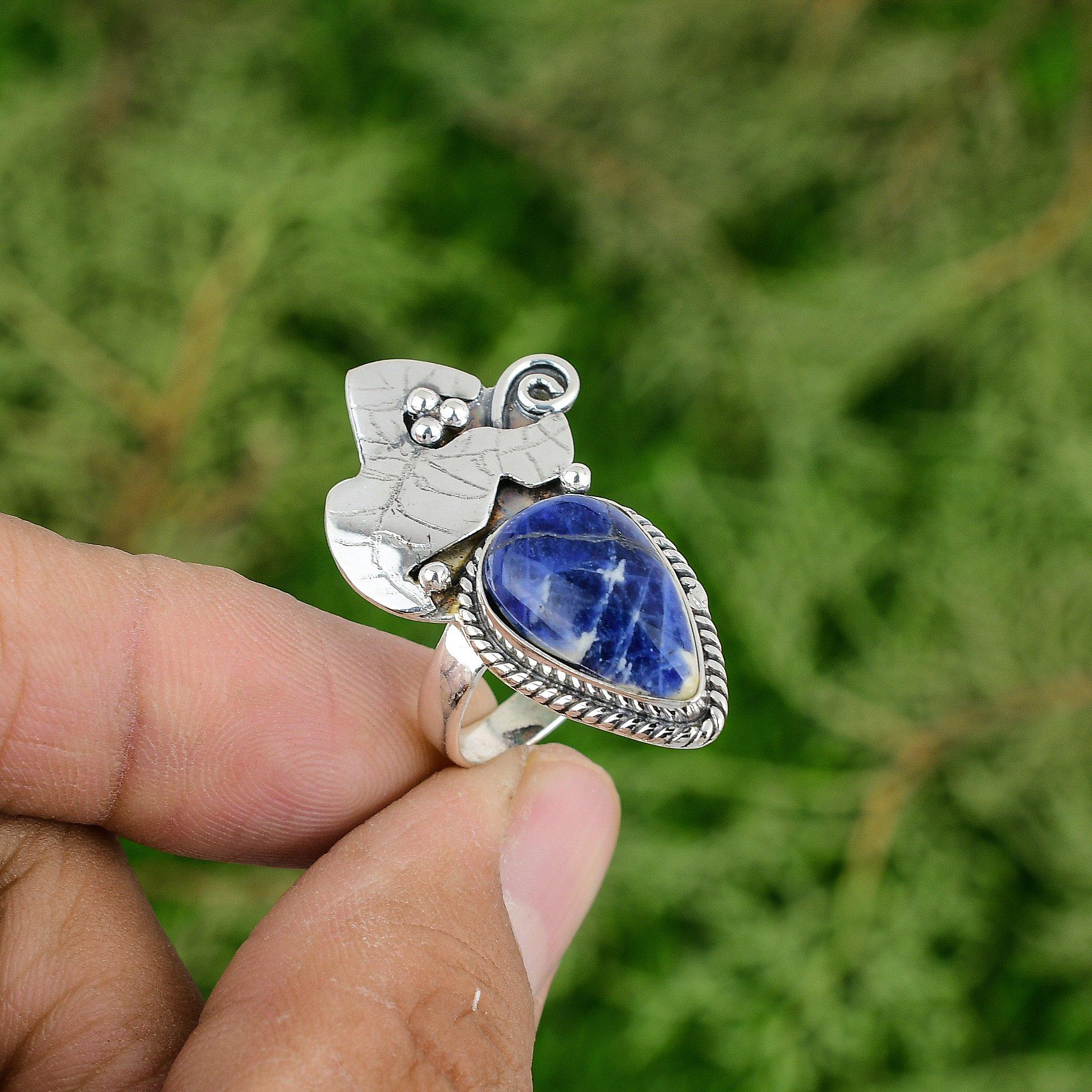 925 Silver Natural Sodalite Wedding Multi Stone Anniversary Ring Jewelry Size 7
