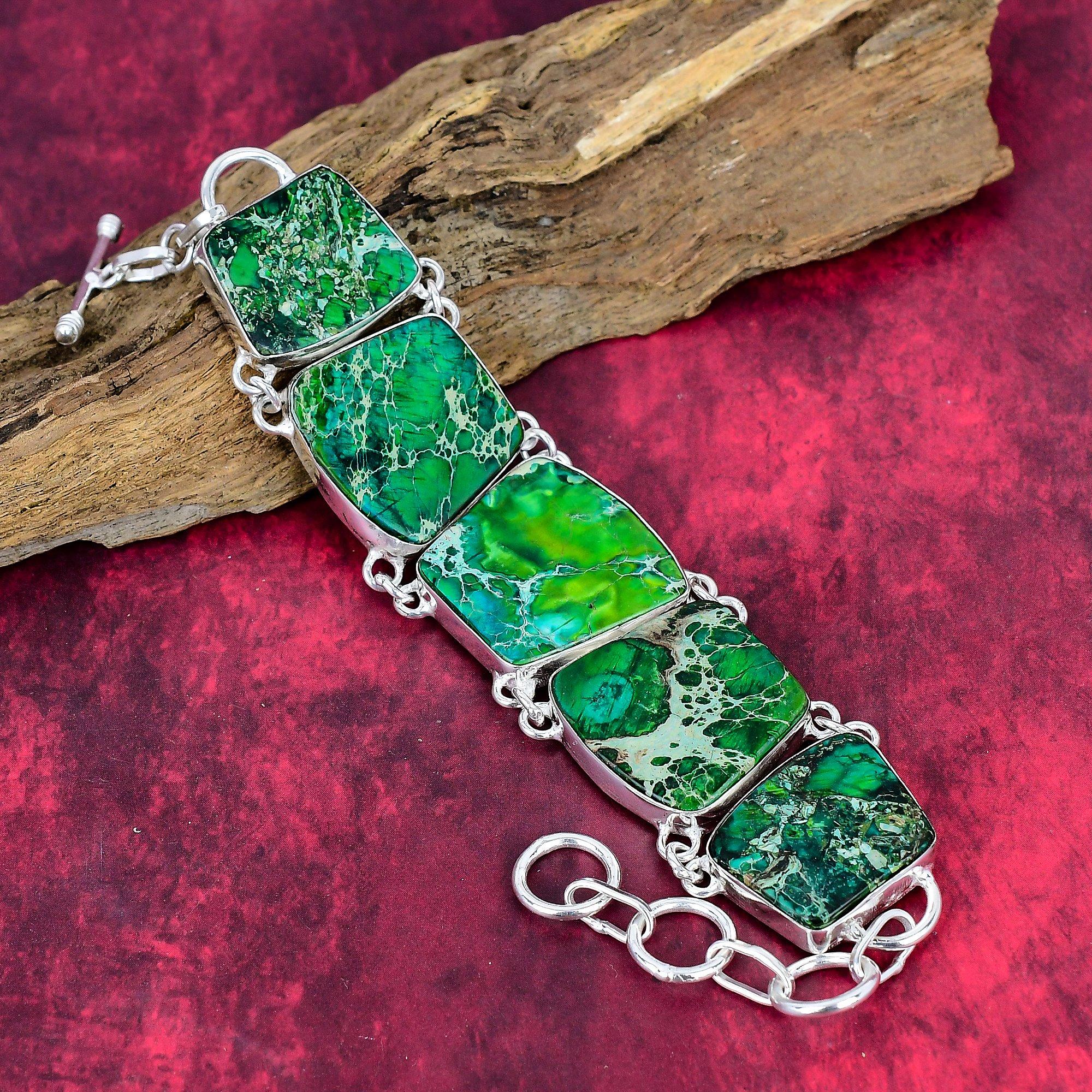 Green Sea Sediment 925 Solid Sterling Silver Bracelet Adjustable, Chain Bracelet Handmade Gemstone Jewelry, For Thanksgiving