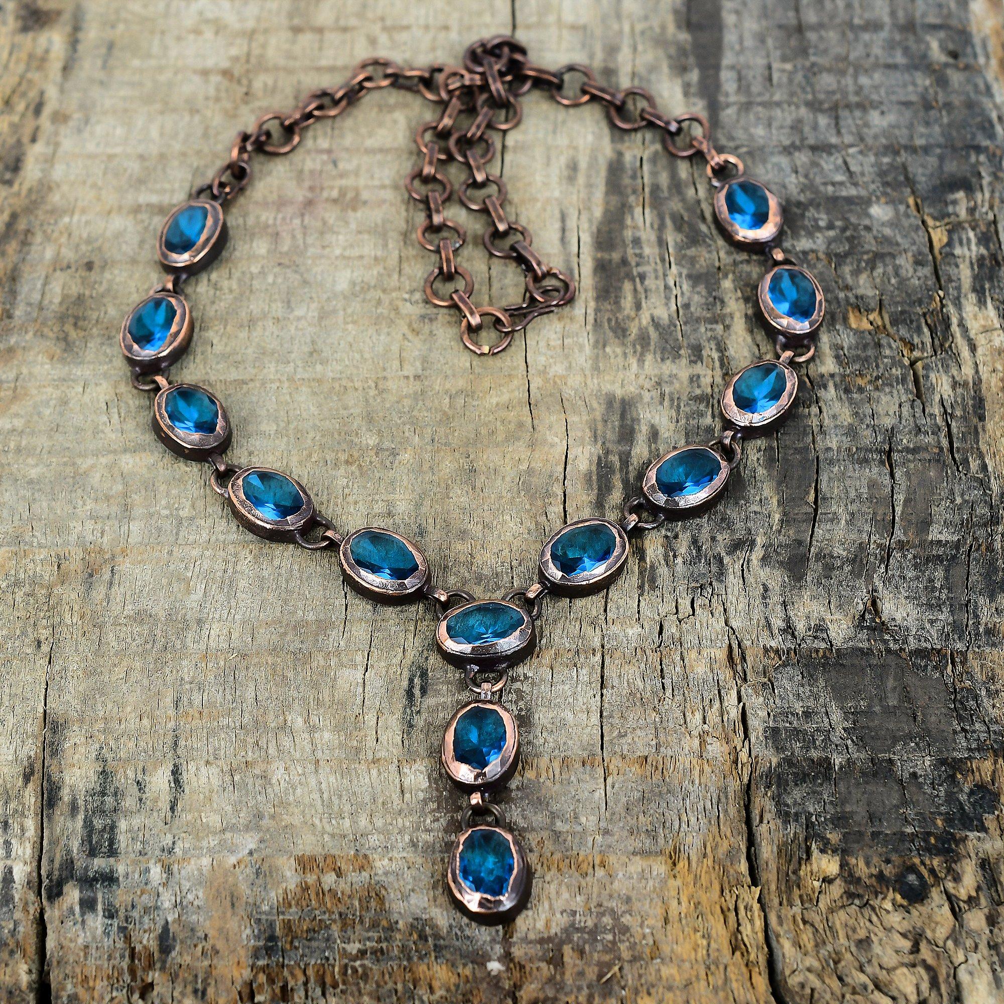 Faceted swiss blue topaz necklace electroformed copper gemstone necklace adjustable chain necklace handmade copper jewelry gifts for mother
