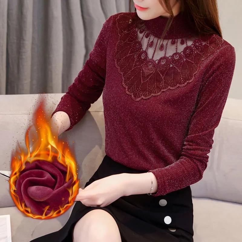 Women Bottom Lace Mesh Diamonds Blouse Autumn Winter Slender Warm Long Sleeves Shirt Elegant Vintage Solid Hollow Out Tops