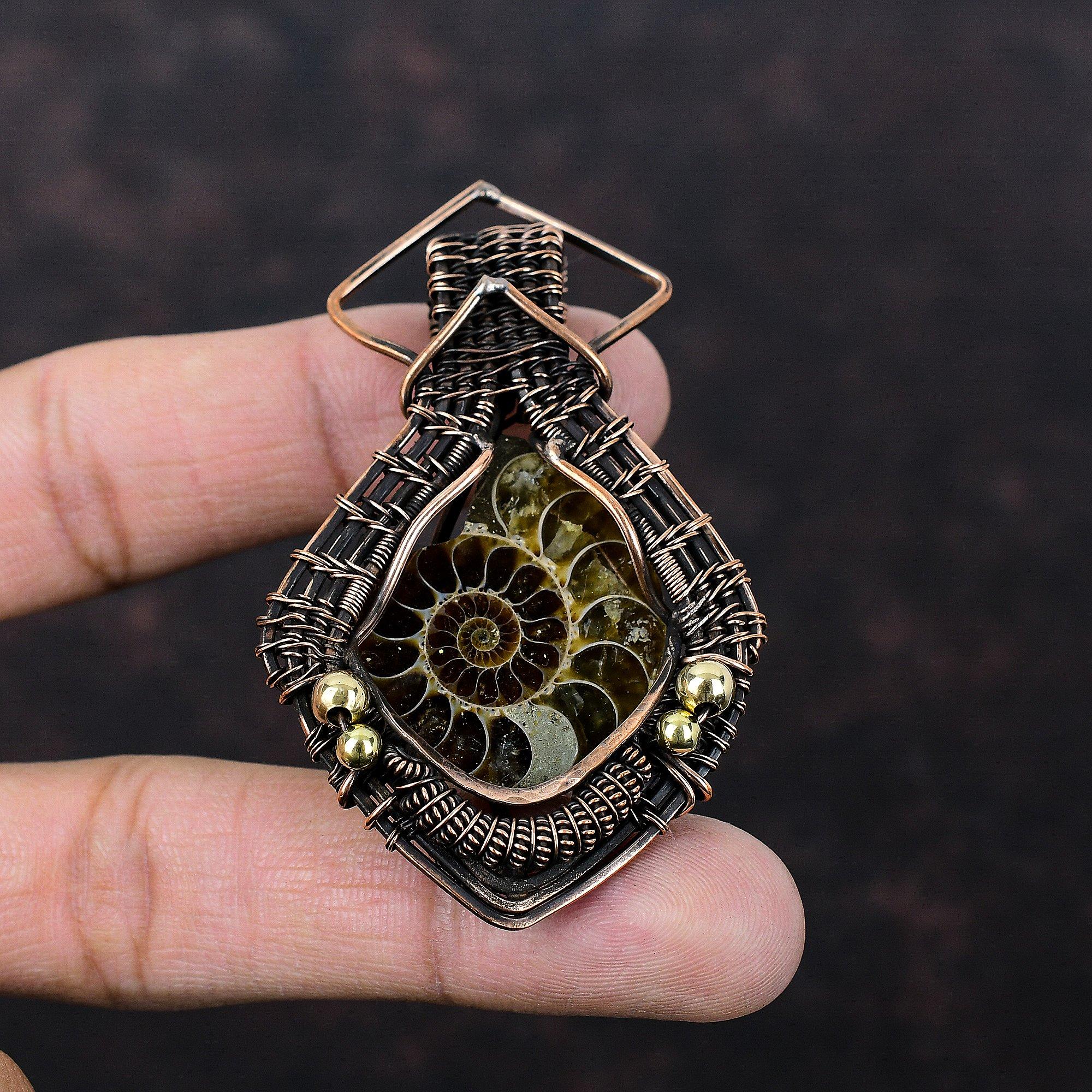 Ammonite Fossil Pendant Copper Wire Wrapped Gemstone Jewelry Copper Pendant Ethnic Jewelry Handmade Pendant Wire Wrap Pendant Gift For Women