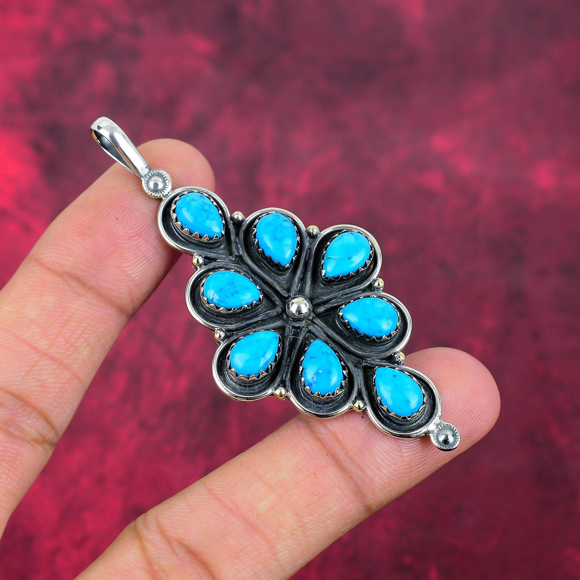 Pendentif en pierre précieuse turquoise bleue fait à la main, pendentif en argent sterling massif 925, pour cadeau de fiançailles