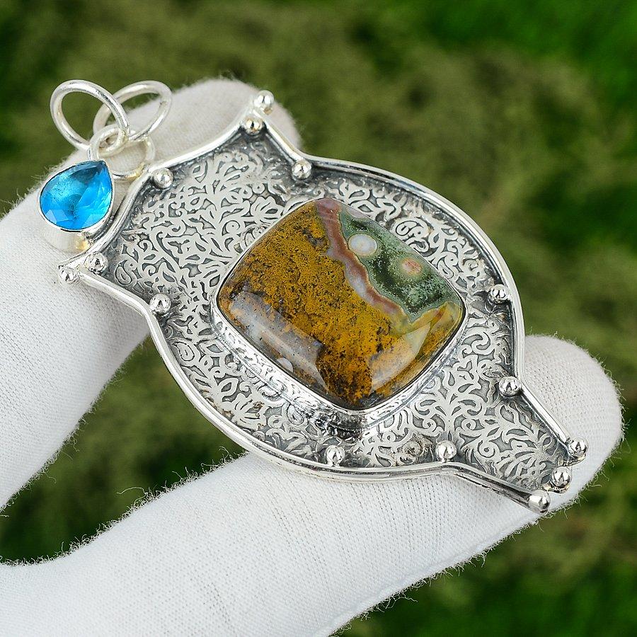 925 Sterling Silver Natural Ocean Jasper Swiss Blue Topaz Trendy Pendant Jewelry