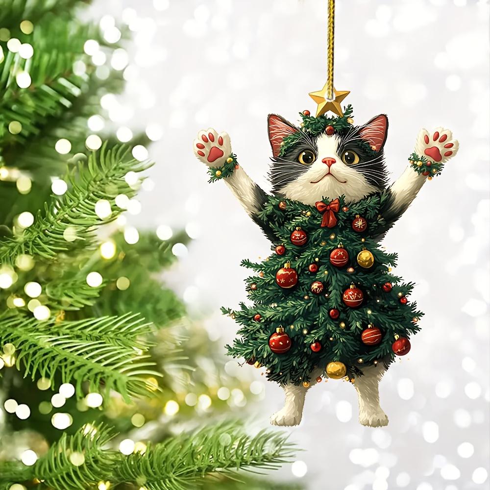 Acrylic flat 2D cute kitten pendant dressed as a Christmas tree can be used for bags,keychains, rearview mirrors Christmas trees and other decorations