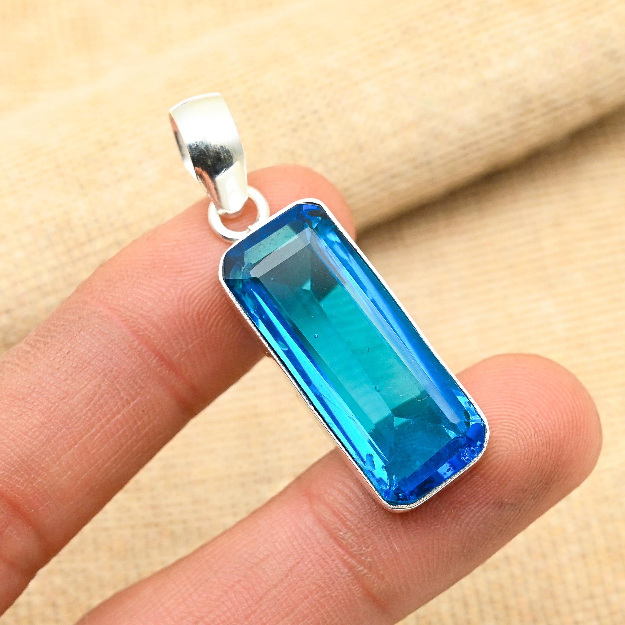 Dazzling Blue Topaz Gemstone Handmade 925 Solid Sterling Silver Jewelry Pendant For Women