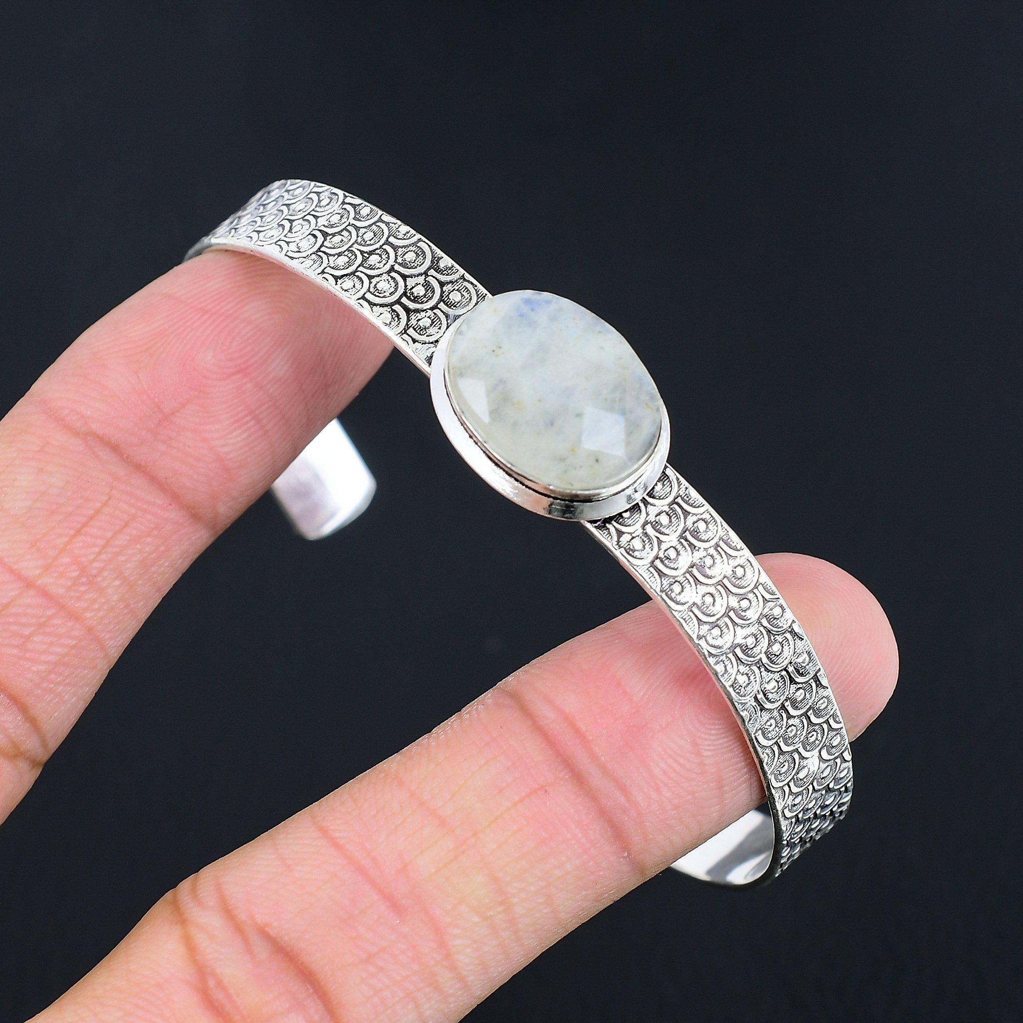 Natural Rainbow Moonstone Gemstone Bangle Adjustable 925 Silver For Girls