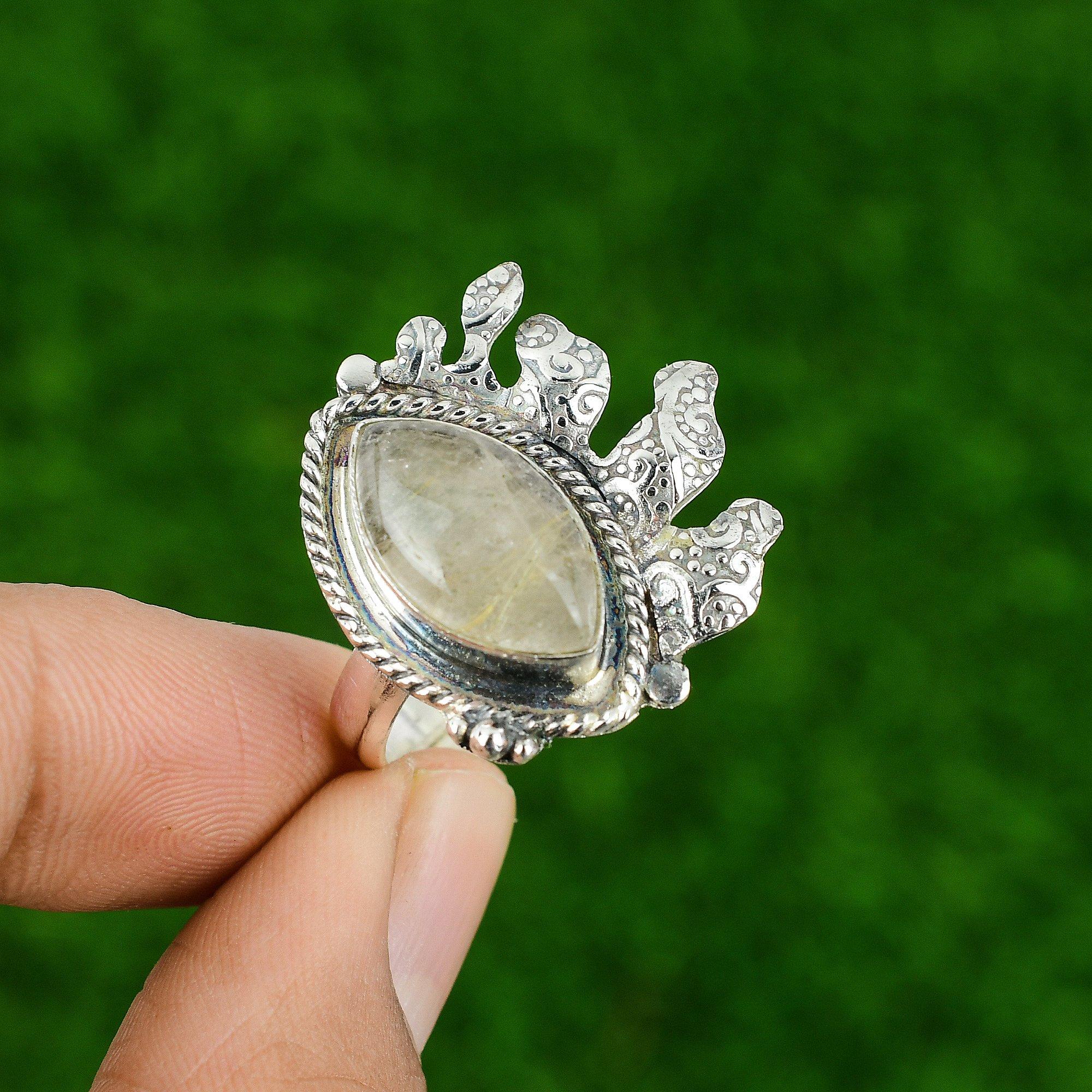 Natural Golden Rutile Gemstone Statement Gold Adjustable Ring 925 Silver