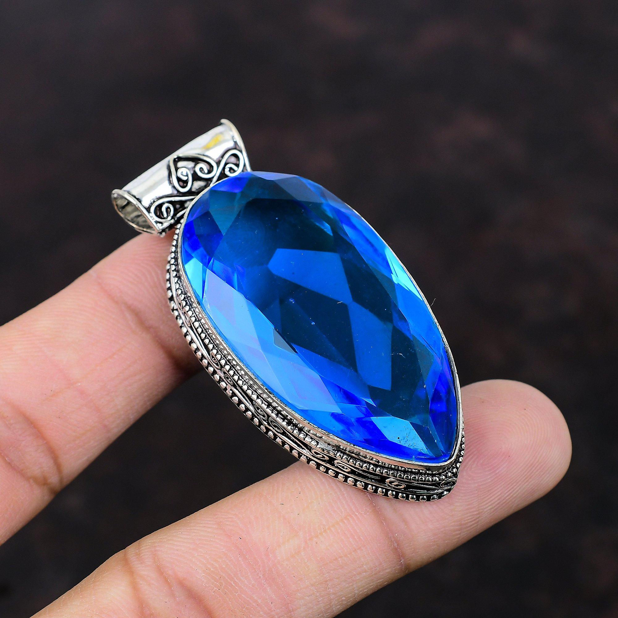 Faceted Swiss Blue Topaz Pendant Handmade Vintage Pendant Antique Jewelry 925 Sterling Silver Pendant Real Gemstone Pendant Engagement Gift
